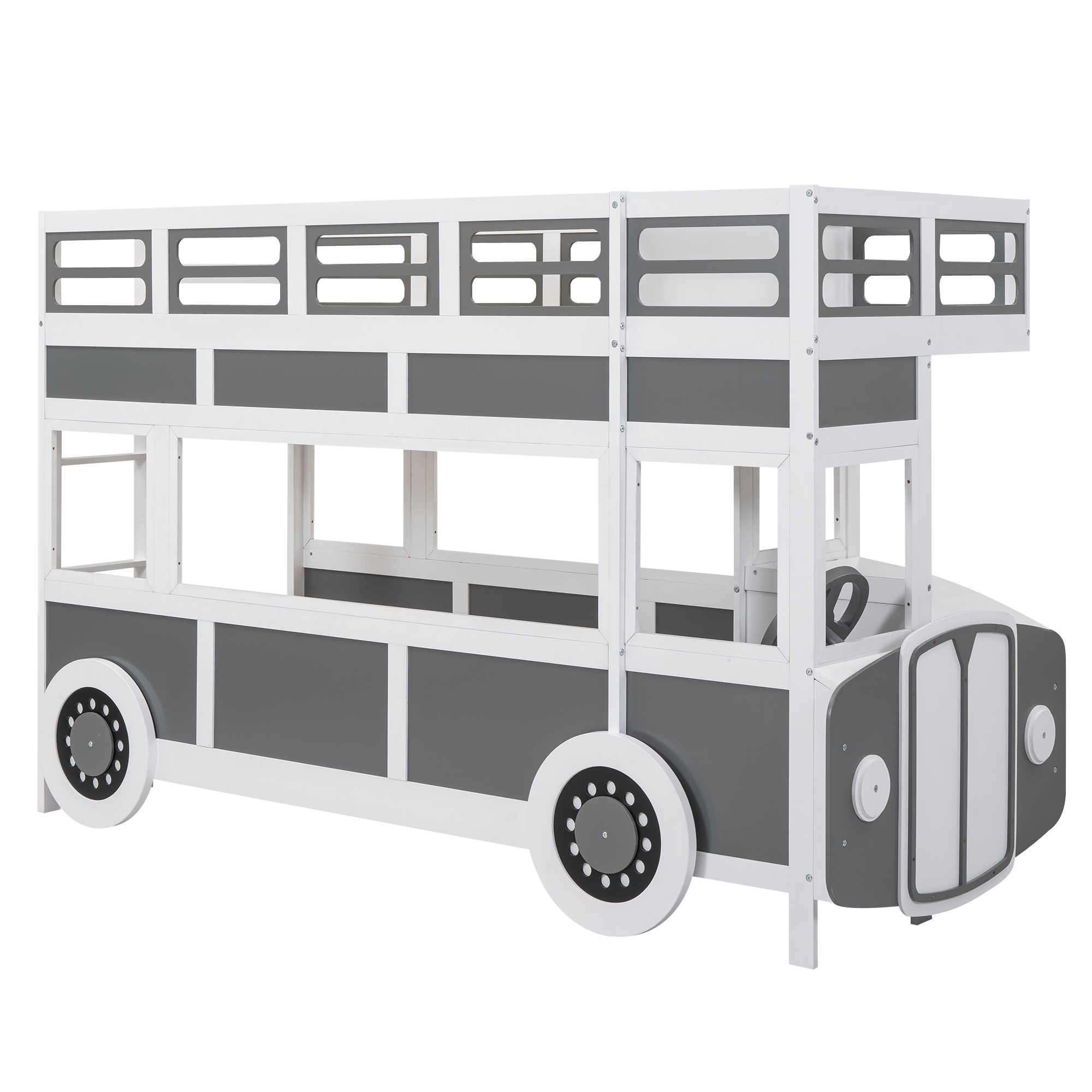 Twin over Twin Bus-shaped Bunk Bed with Wheels and Storage, Gray+White 
