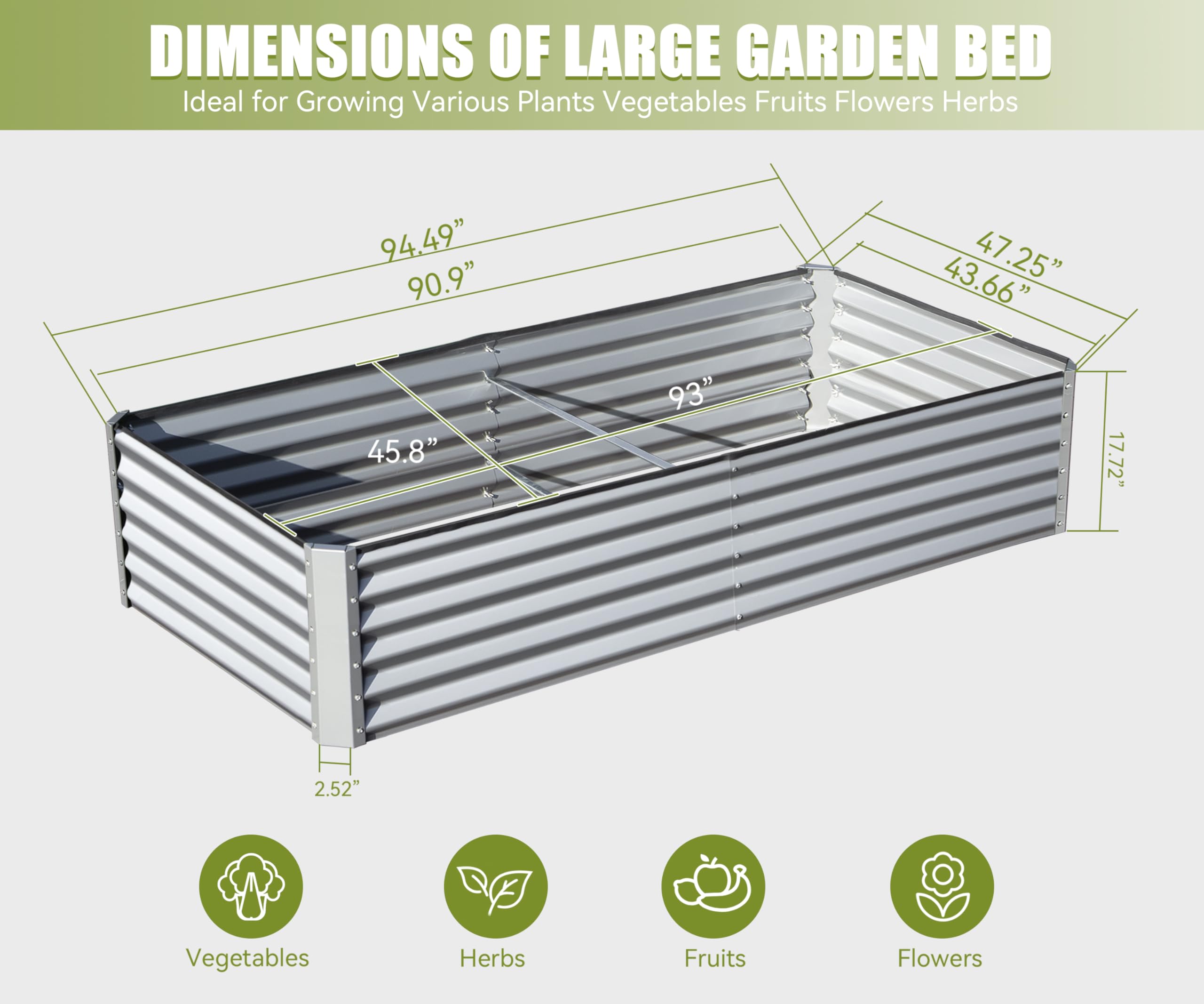 8x4x1.5 ft Galvanized Raised Garden Bed, Outdoor Planter Garden Boxes Large Metal Planter Box for Gardening Vegetables Fruits Flowers, Silver/Green/Gray