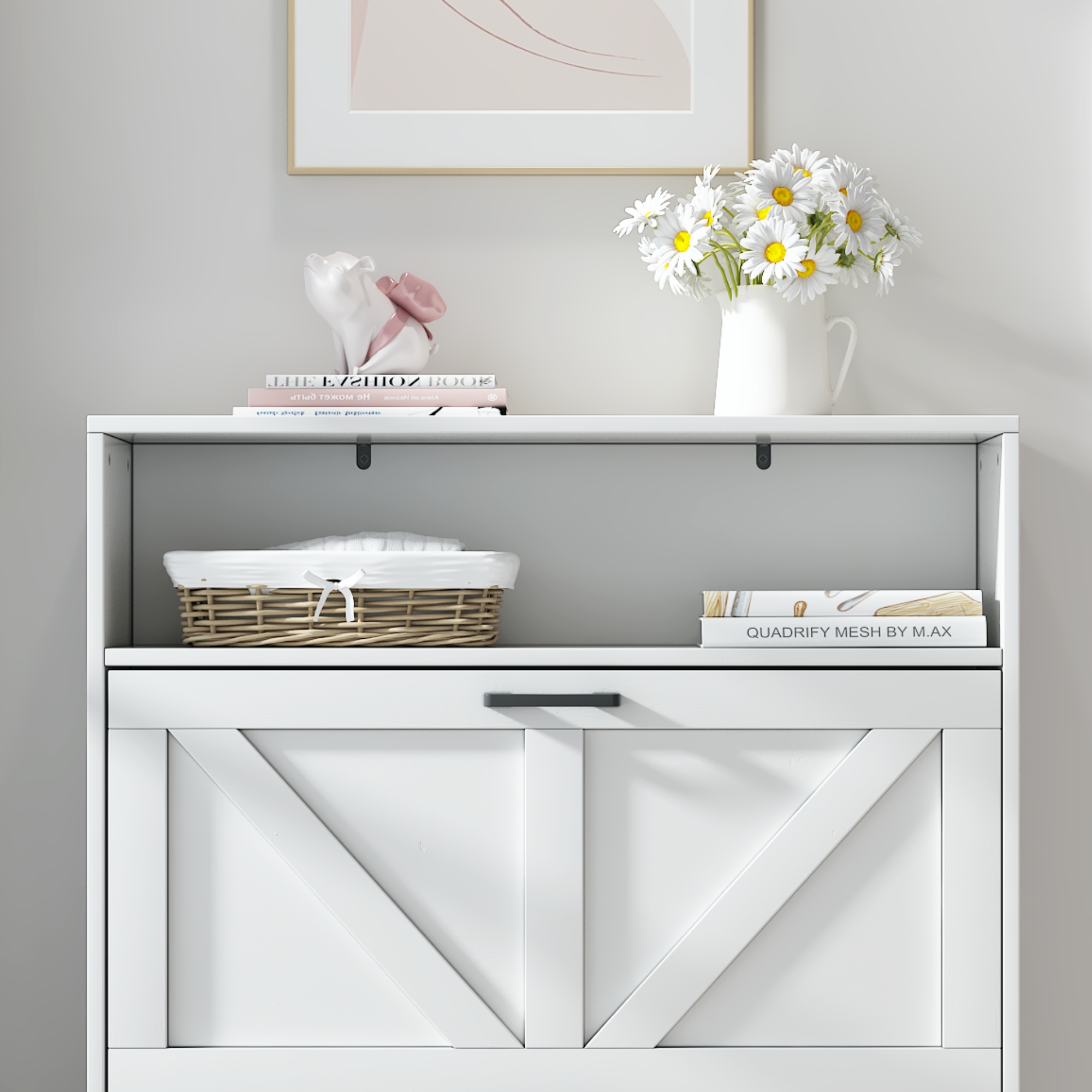 Farmhouse Shoe Storage Cabinet with Barn Door Design, Shoe Organizer with 2 Flip Drawers, Freestanding Narrow Shoe Rack Cabinet with Open Storage for Entryway,Foyer,Hallway,(Antique White/Natural Wood) 