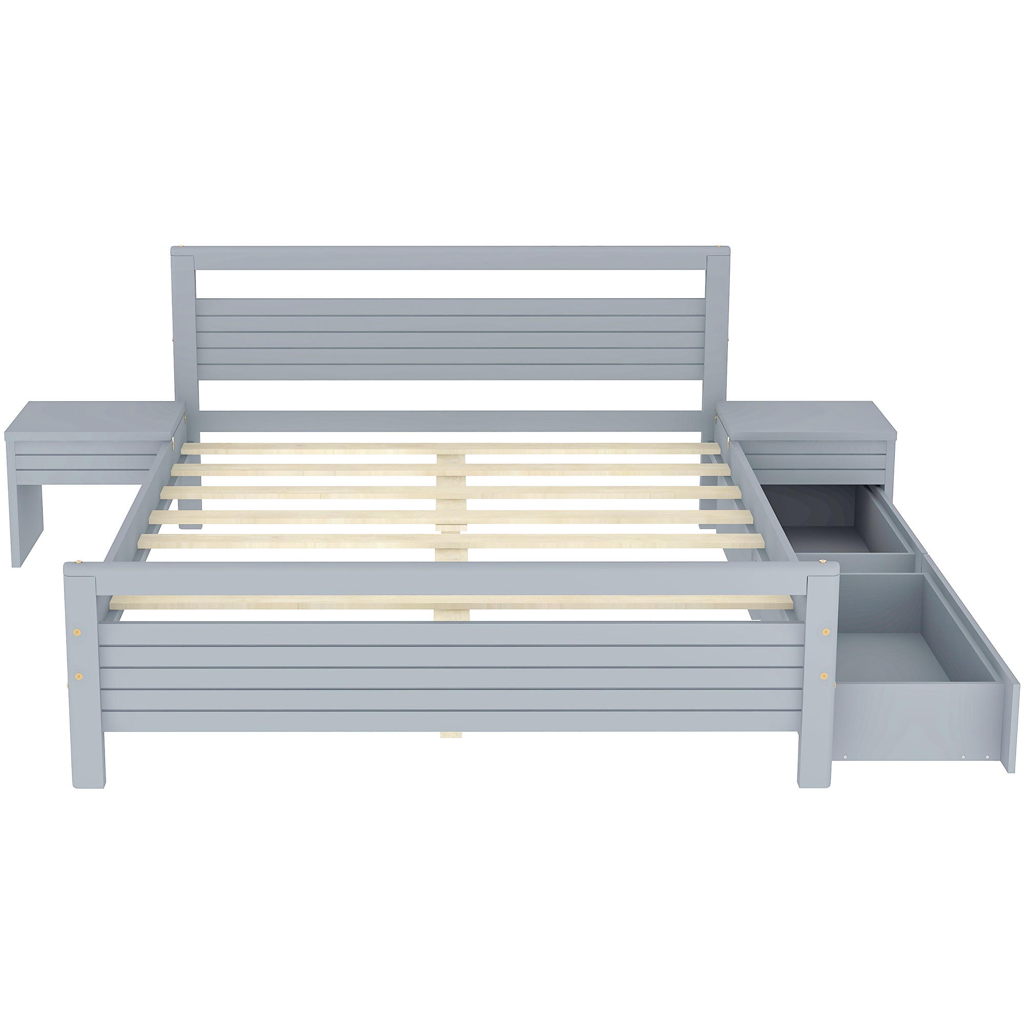Queen Size Wooden Platform Bed with 2 Storage Drawers and 2 bedside tables, Gray/White 