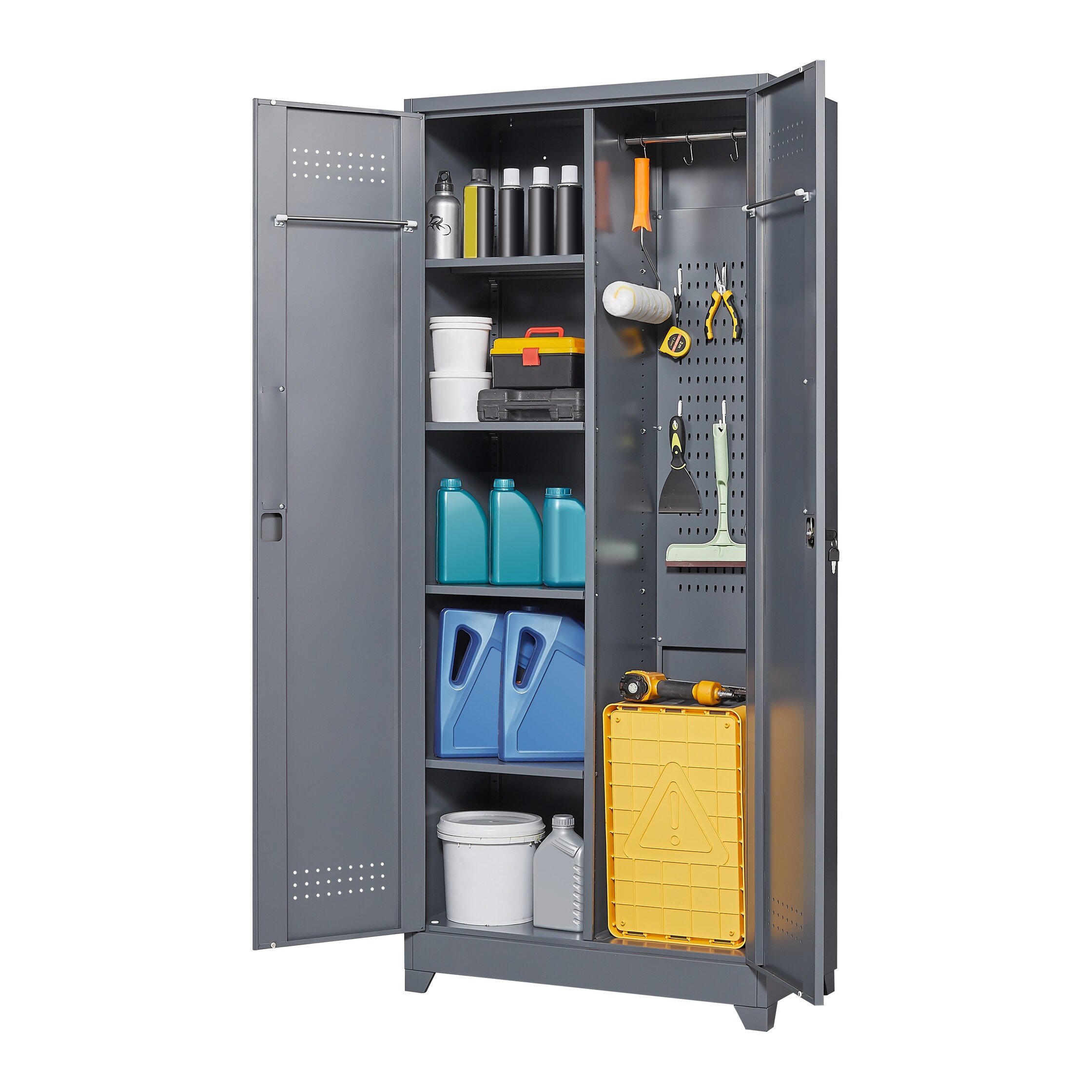 Metal Storage Cabinets, Cleaning Tool Cabinet with Locking Door, Tall Broom Tool Organizer and Storage, Large Storage Cabinet for Kitchen, Pantry, Office, Shop 