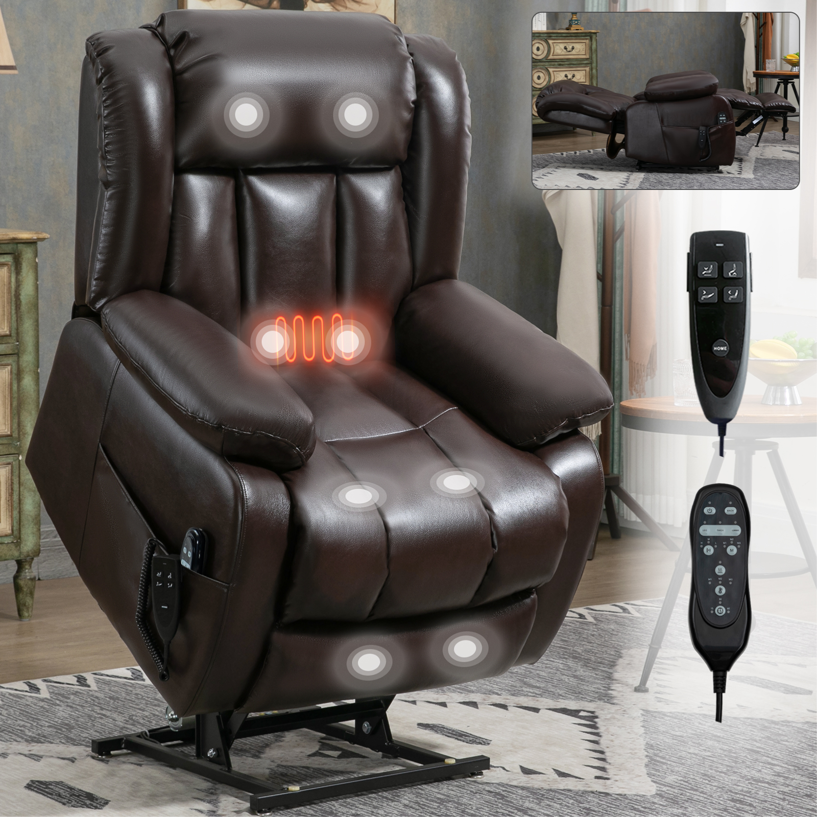 Dual Motor Infinite Position Up to 350 LBS Electric Medium size Brown/Gray/Black/Antique Brown Power Lift Recliner Chair with 8-Point Vibration Massage and Lumbar Heating