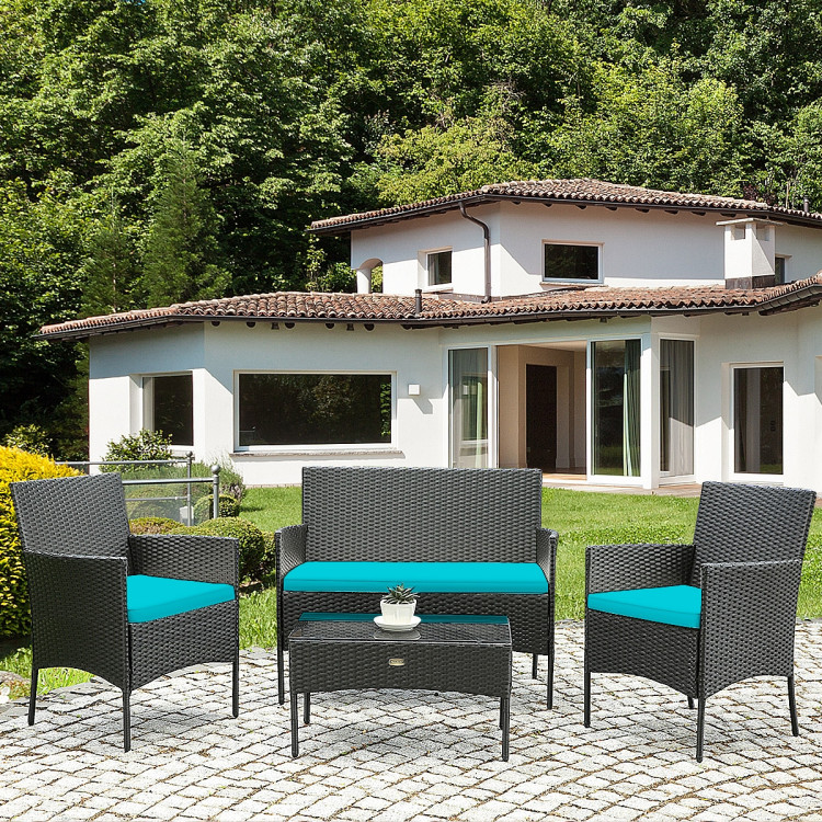 Mondawe 4 Pcs Patio Rattan Cushioned Sofa Furniture Set with Tempered Glass Coffee Table-White/Red/Turquoise-Mondawe