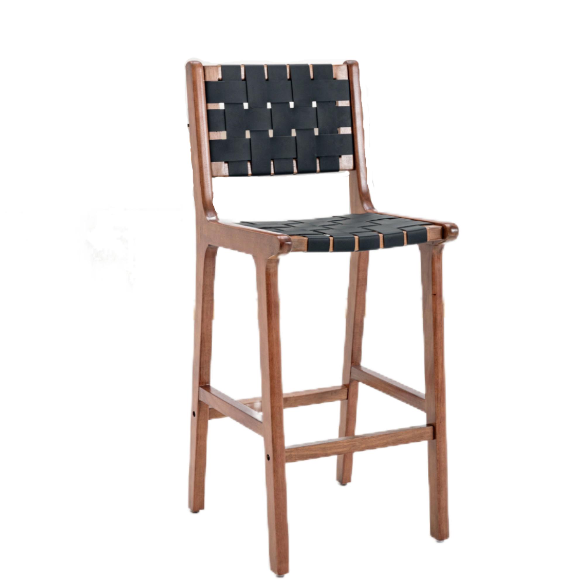 Woven Leather Bar Stool, Counter Height Bar Stools - Black