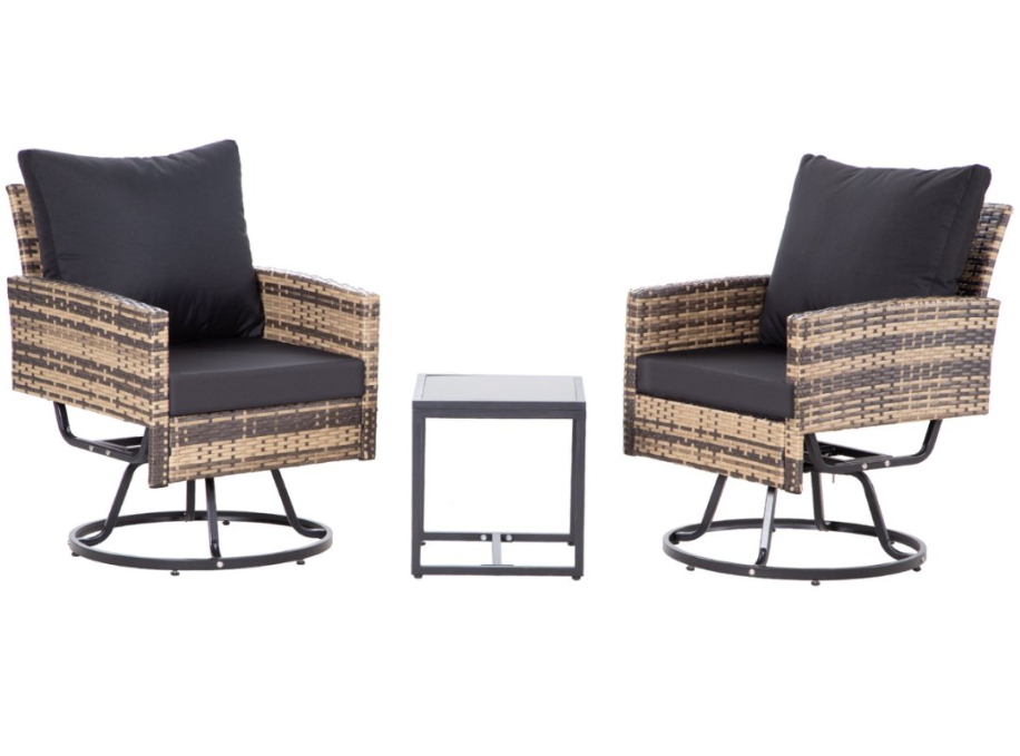 3-Piece Outdoor Swivel Chair Patio Set – 360° PE Rattan Chairs with Cushions & Glass Coffee Table, Gray/Beige/Blue/Dark Gray/Brown