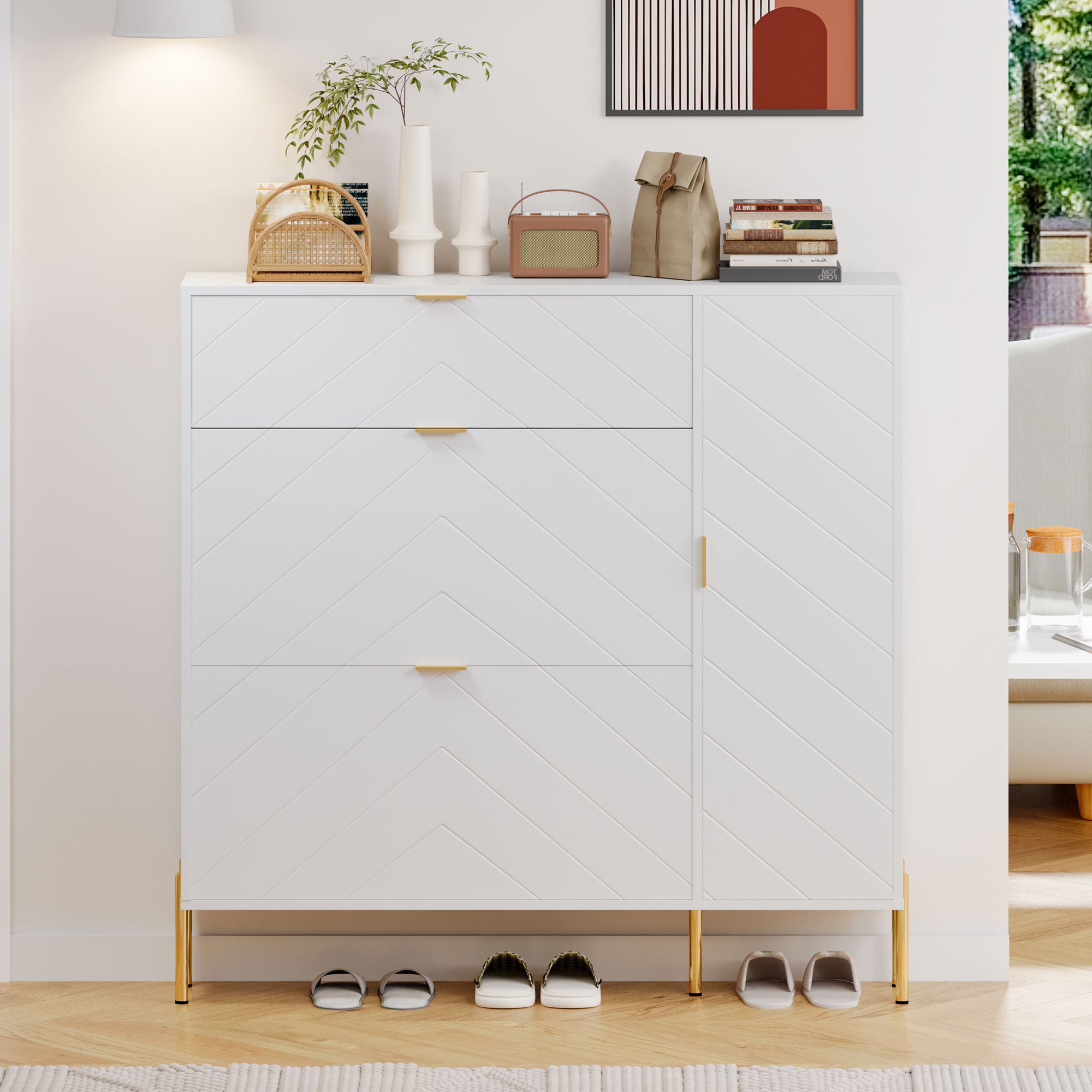 49.21 in. H x 9.45 in. W x 43.31 in. L White Wood Shoe Storage Cabinet with Flip-Up Drawers, Adjustable Shelf
