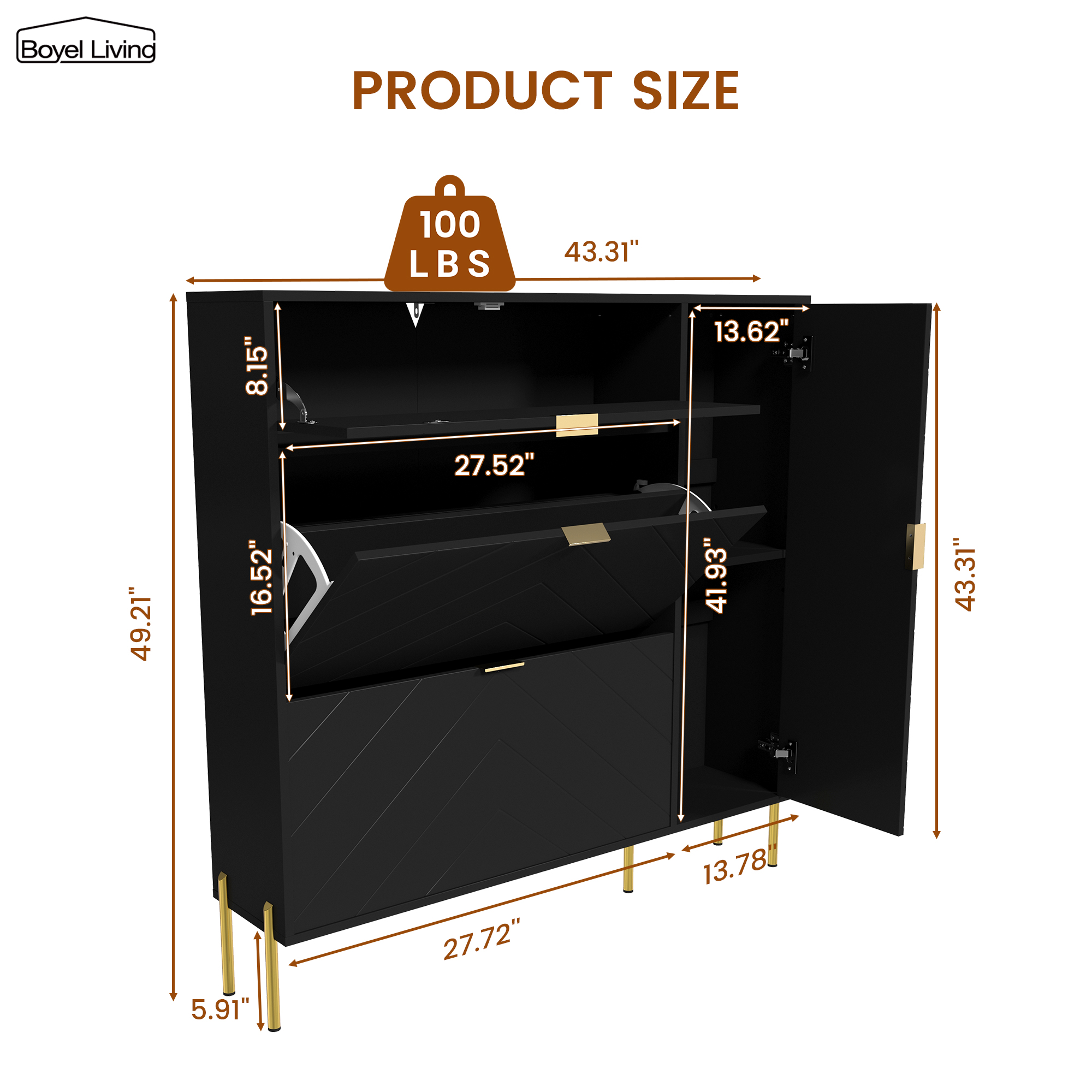 49.21 in. H x 9.45 in. W x 43.31 in. L White Wood Shoe Storage Cabinet with Flip-Up Drawers, Adjustable Shelf