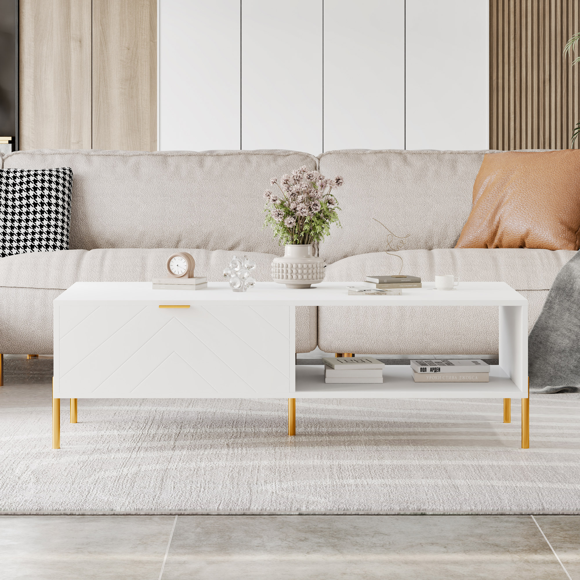 Mid-Century Modern Coffee Table, 48" Rectangle Coffee Table with Double Drawers, Gold Metal Decor, Center Table for Living Room,White