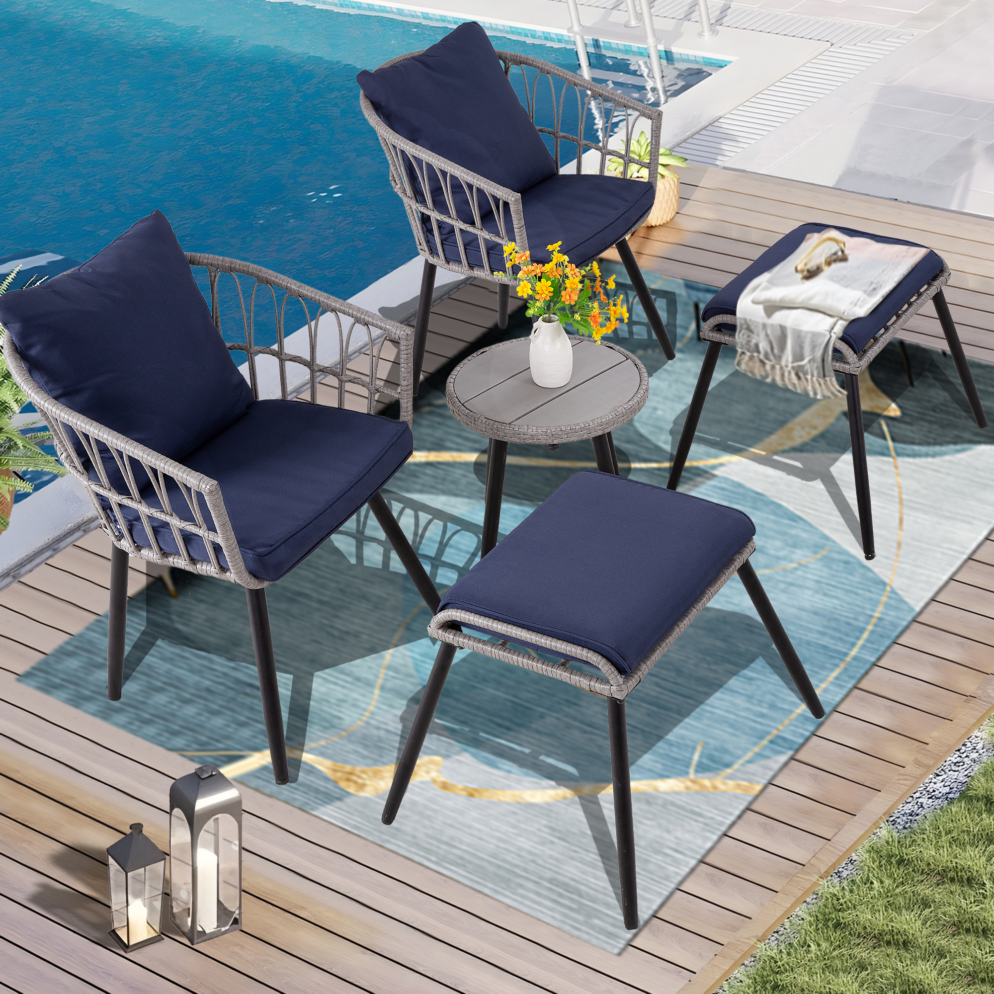 7-Piece PE Rattan Patio Furniture Set – 2 Chairs, 2 Ottomans & Round Coffee Table, Outdoor Bistro Conversation Set with Cushions, Blue/Beige