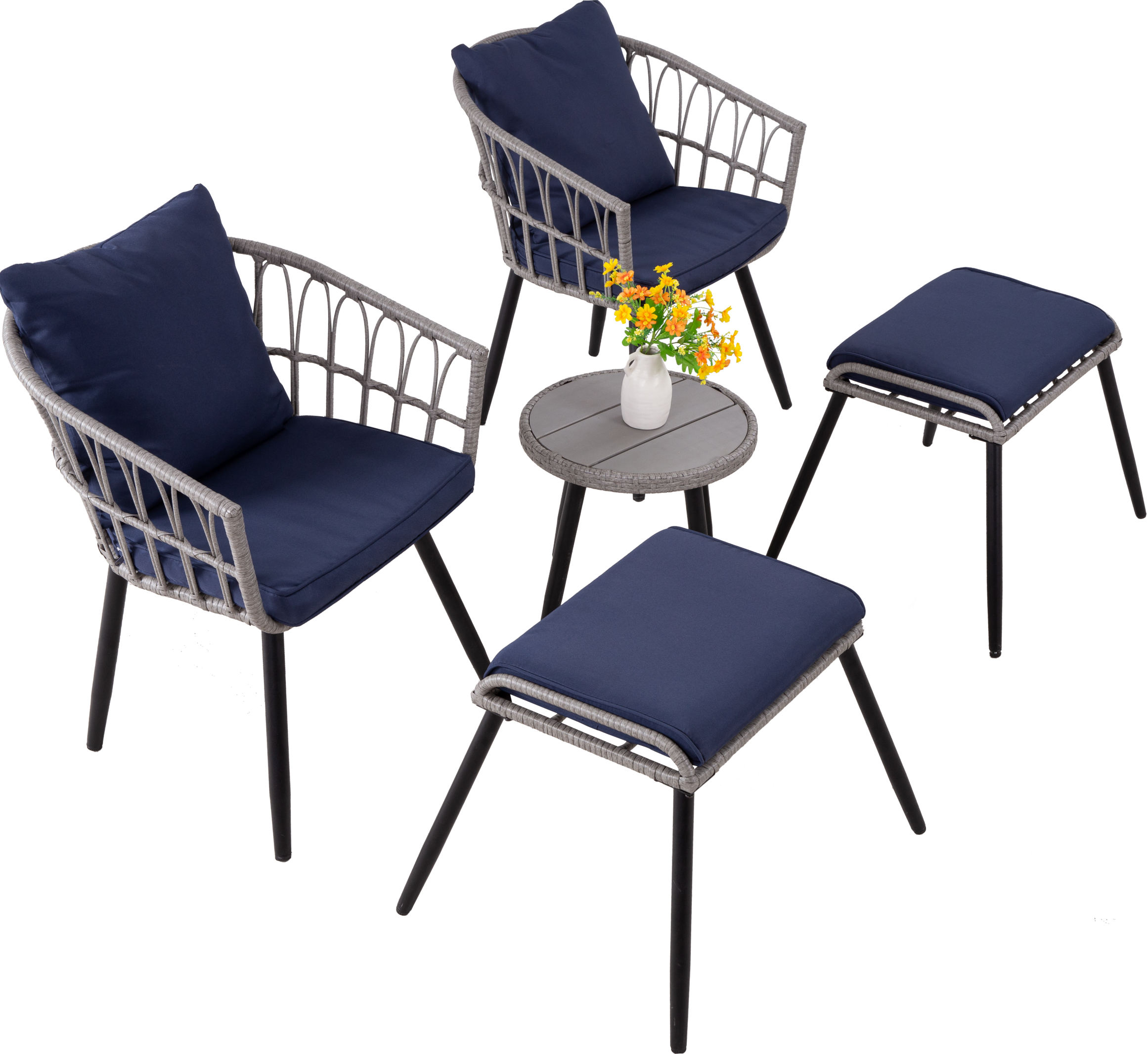 7-Piece PE Rattan Patio Furniture Set – 2 Chairs, 2 Ottomans & Round Coffee Table, Outdoor Bistro Conversation Set with Cushions, Blue/Beige