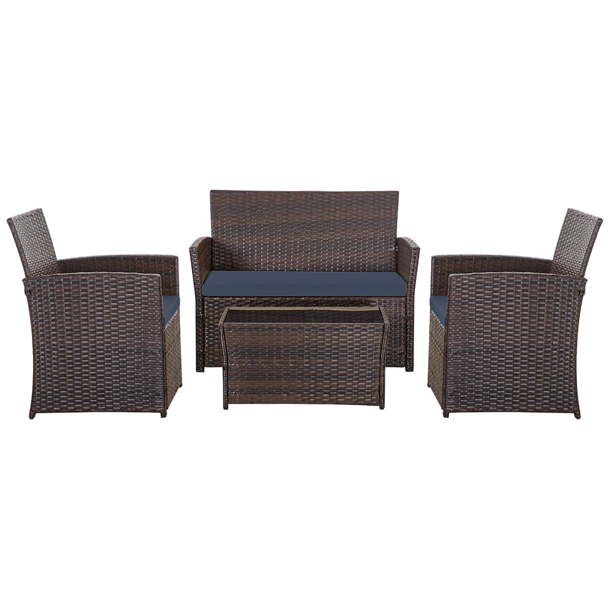 4-Piece PE Rattan Patio Furniture Set – Double Sofa, 2 Armchairs, Coffee Table with Cushions, Weather-Resistant Outdoor Conversation Set, Brown-Blue/Gray/Black-Gray/Black-Blue