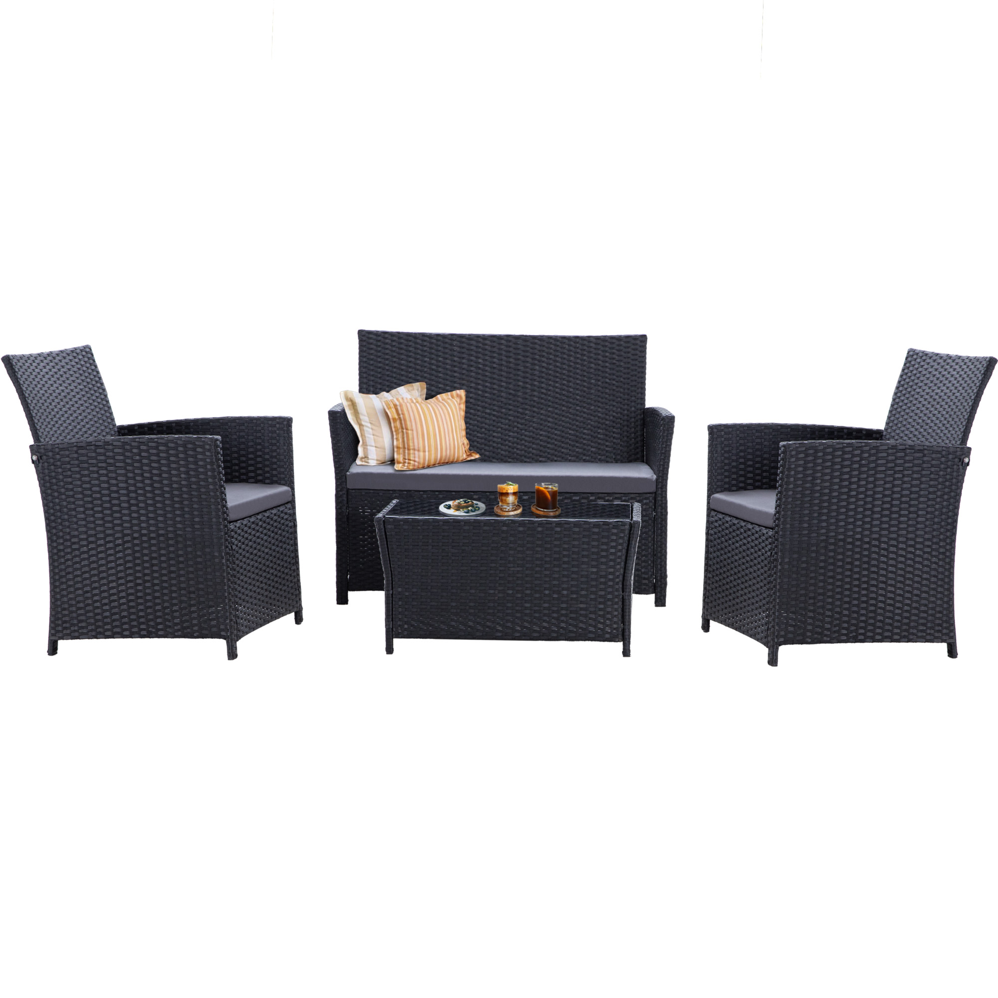 4-Piece PE Rattan Patio Furniture Set – Double Sofa, 2 Armchairs, Coffee Table with Cushions, Weather-Resistant Outdoor Conversation Set, Brown-Blue/Gray/Black-Gray/Black-Blue