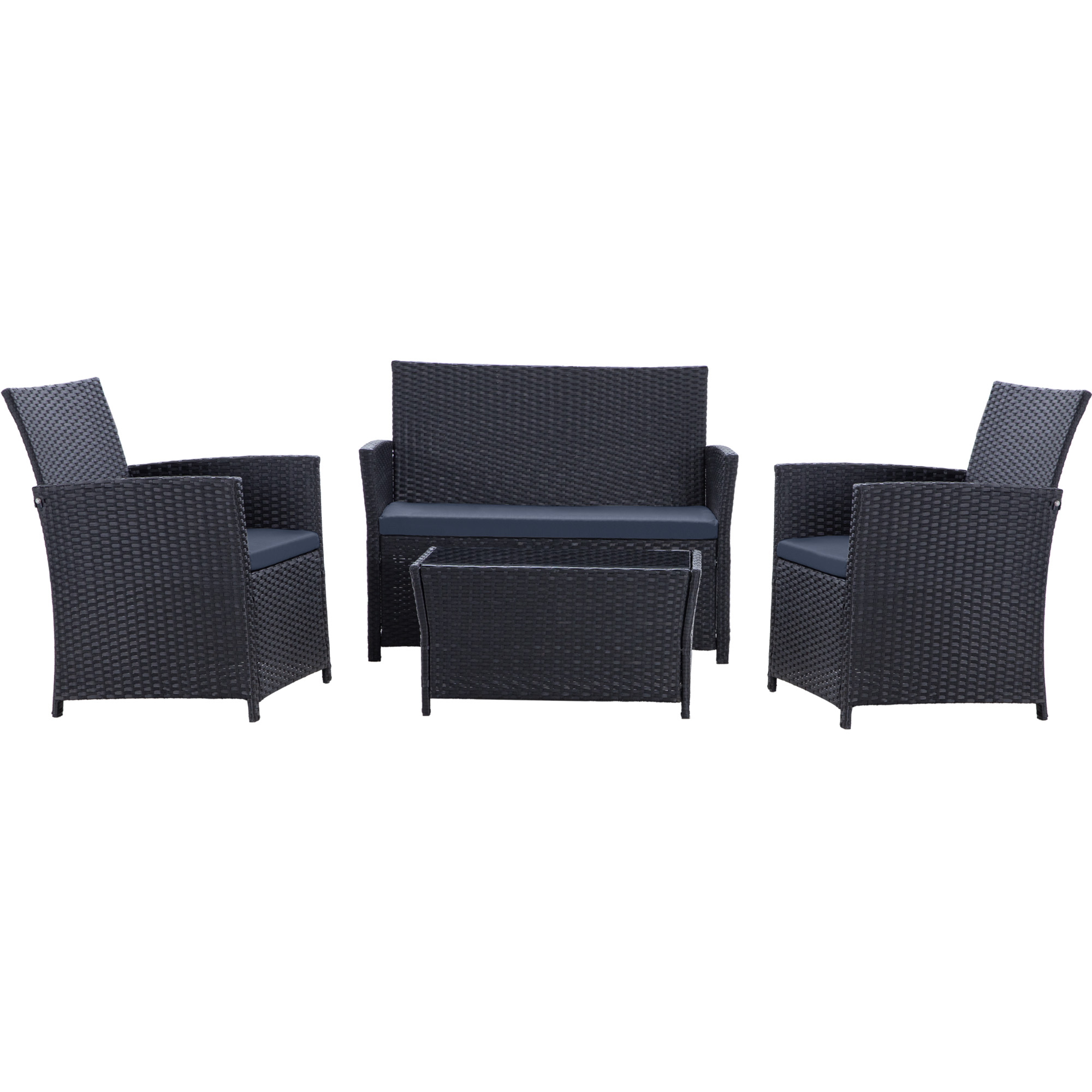 4-Piece PE Rattan Patio Furniture Set – Double Sofa, 2 Armchairs, Coffee Table with Cushions, Weather-Resistant Outdoor Conversation Set, Brown-Blue/Gray/Black-Gray/Black-Blue
