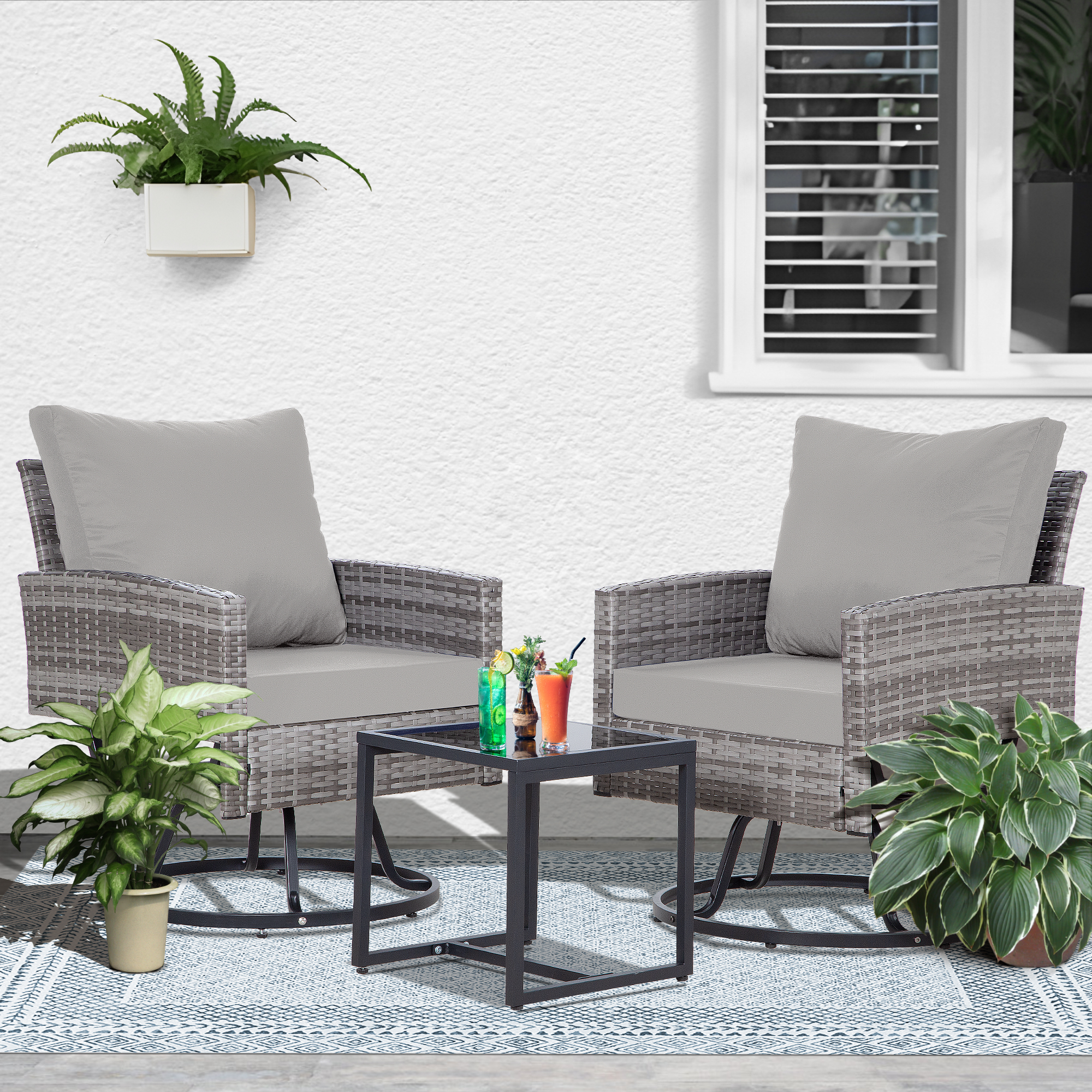 3-Piece Outdoor Swivel Chair Patio Set – 360° PE Rattan Chairs with Cushions & Glass Coffee Table, Gray/Beige/Blue/Dark Gray/Brown