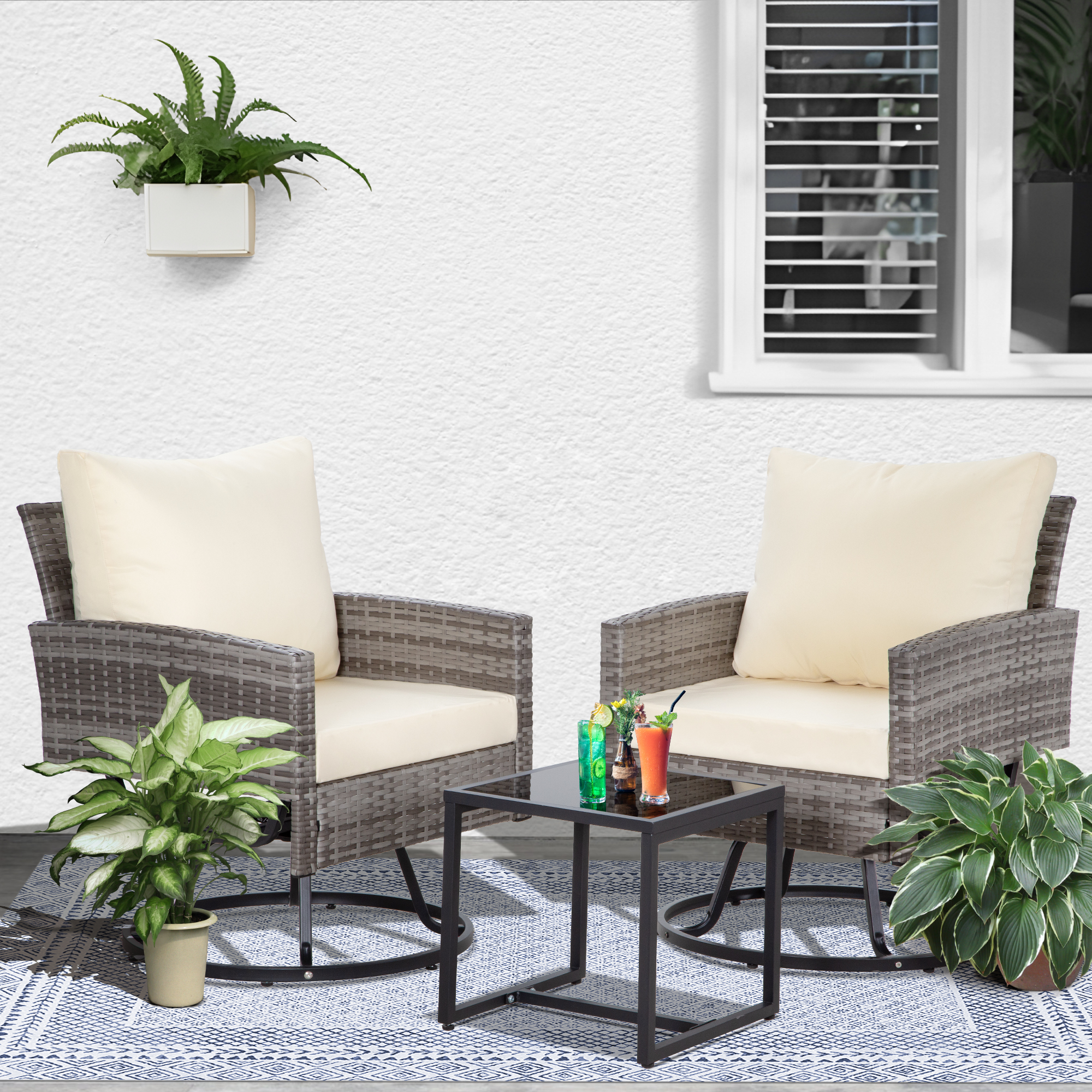 3-Piece Outdoor Swivel Chair Patio Set – 360° PE Rattan Chairs with Cushions & Glass Coffee Table, Gray/Beige/Blue/Dark Gray/Brown