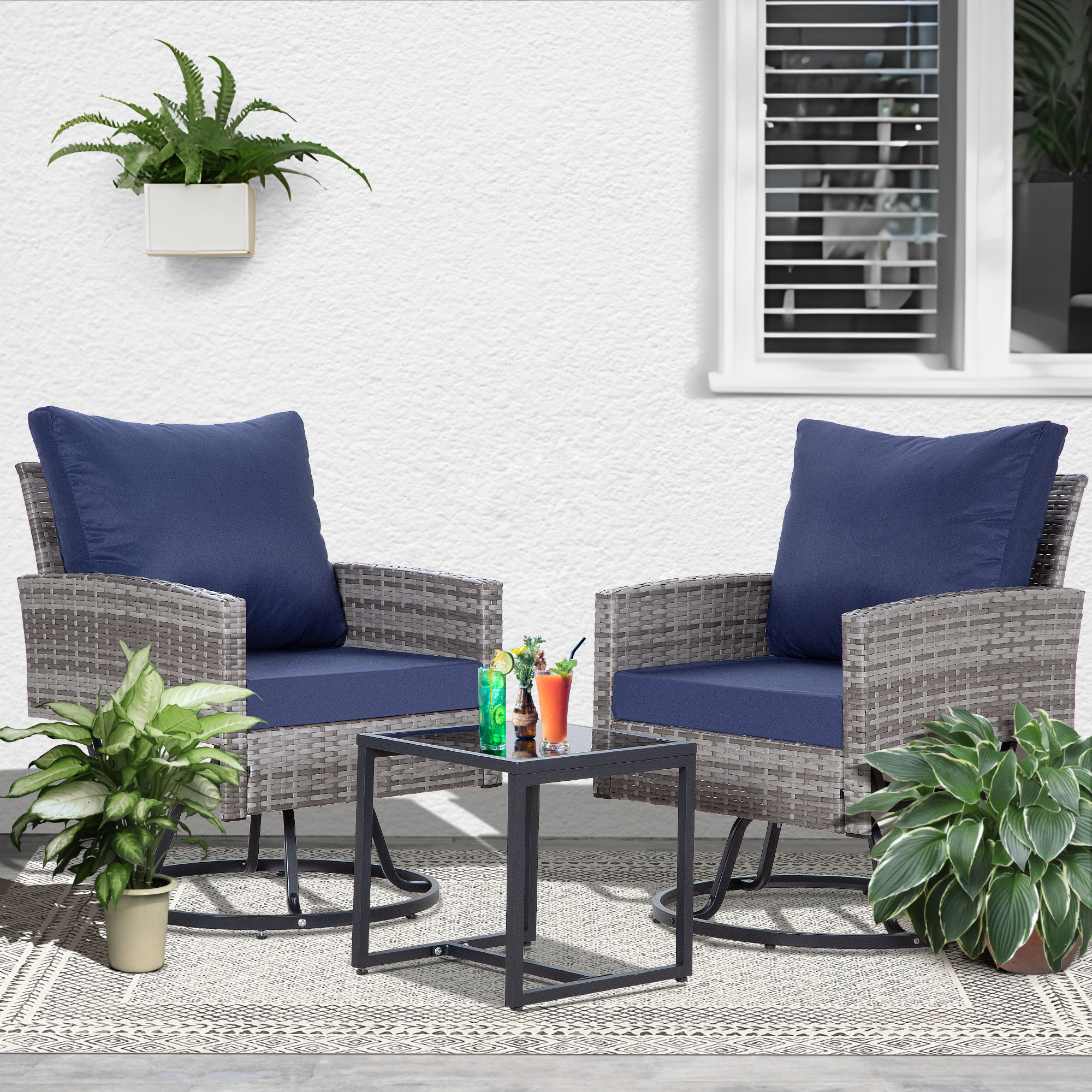3-Piece Outdoor Swivel Chair Patio Set – 360° PE Rattan Chairs with Cushions & Glass Coffee Table, Gray/Beige/Blue/Dark Gray/Brown