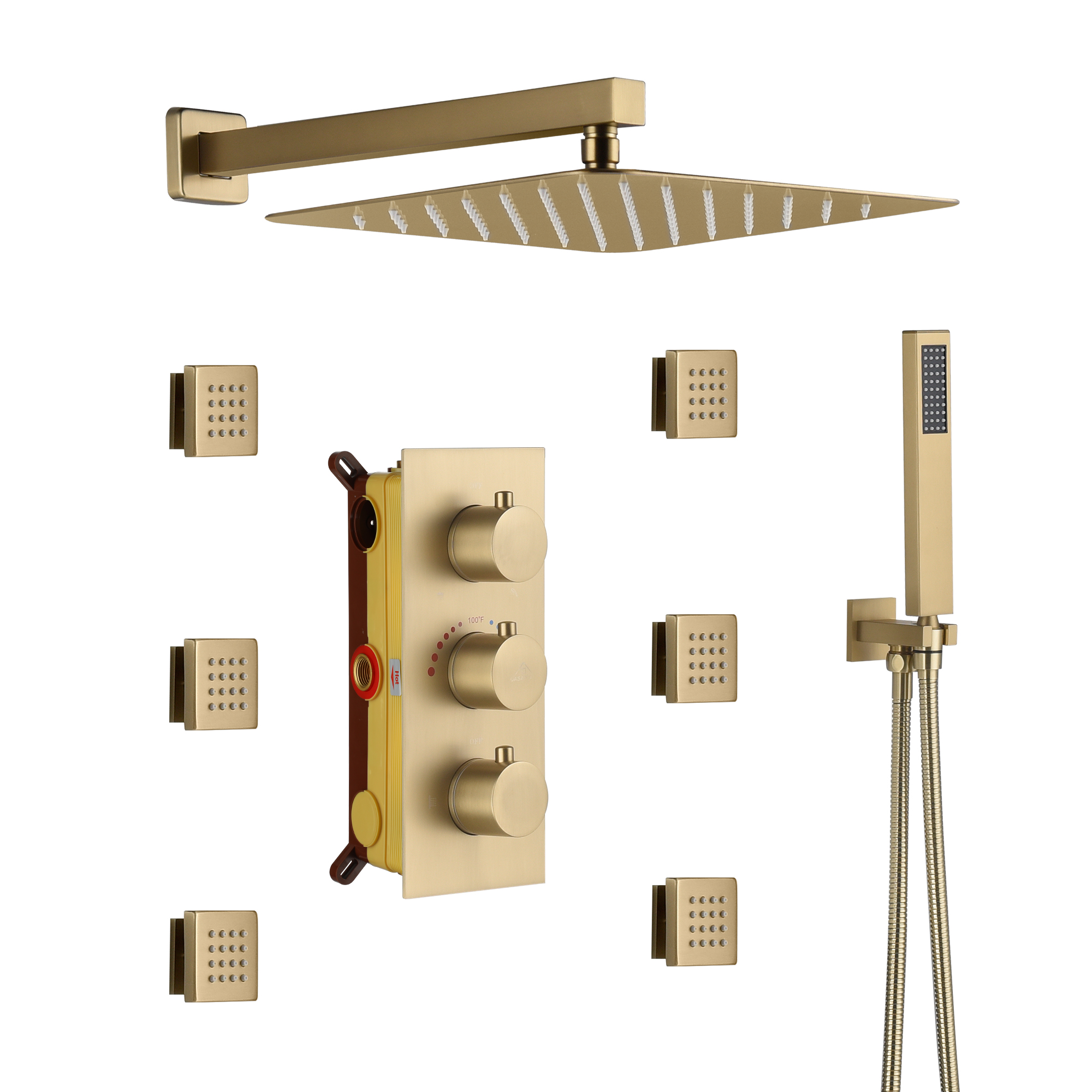 12" Thermostatic Complete Shower System with Rough-in Valve & 6 Body Jets Brushed Gold/Chrome/Matte Black