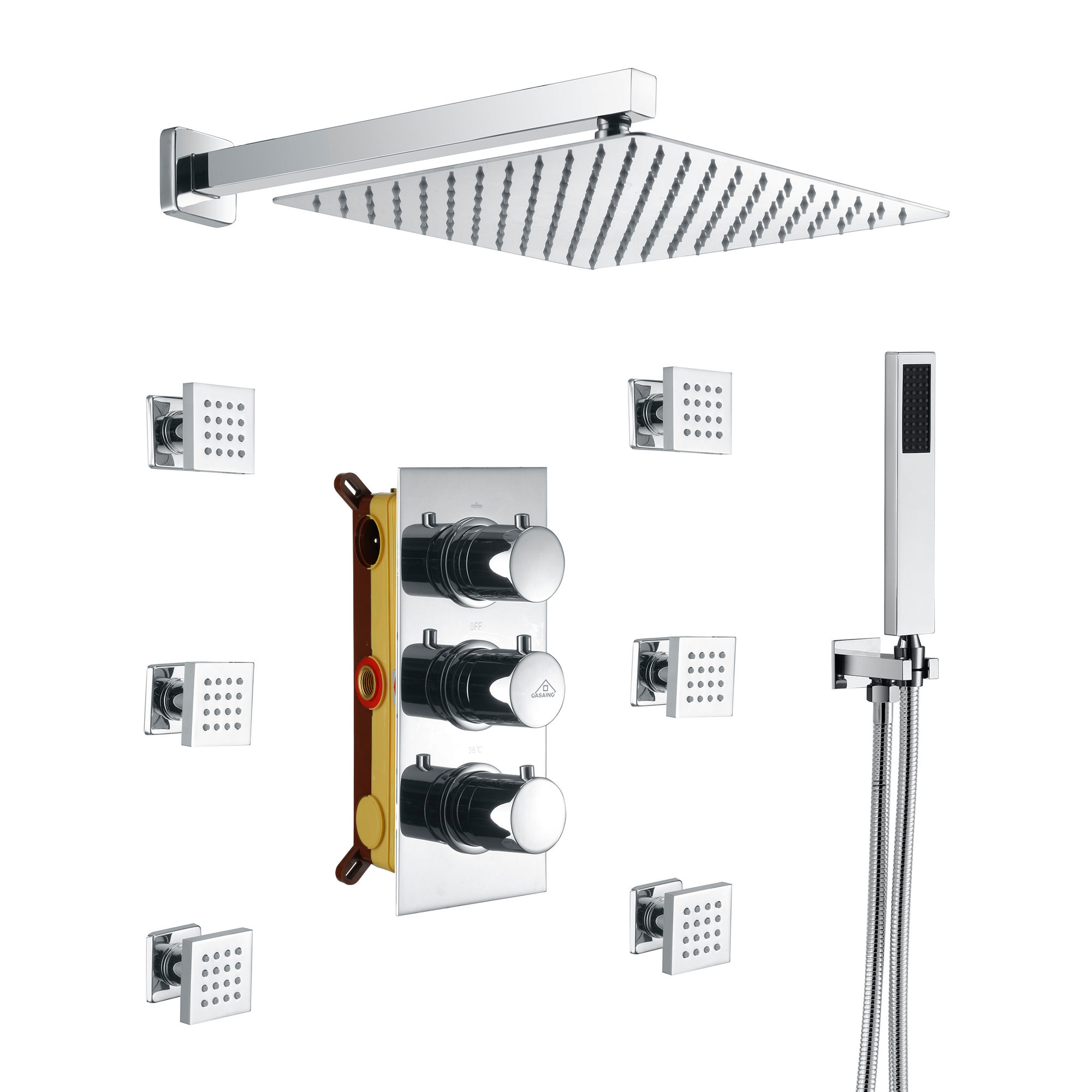 12" Thermostatic Complete Shower System with Rough-in Valve & 6 Body Jets Brushed Gold/Chrome/Matte Black