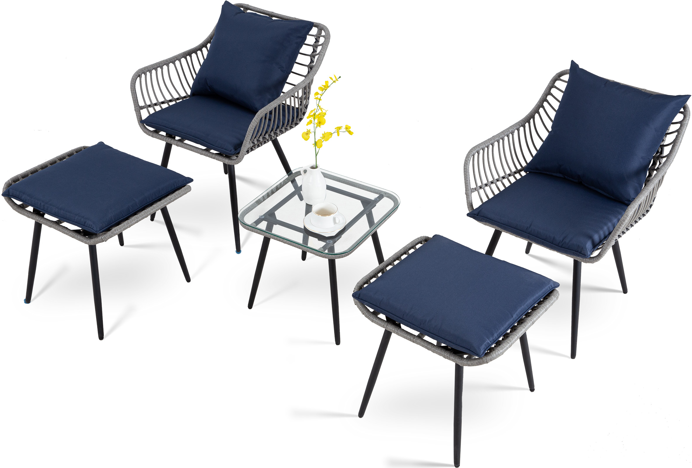 7-Piece Patio Bistro Set – PE Rattan Chairs with Cushions, Ottomans, and Tempered Glass Coffee Table, Compact Outdoor Furniture for Balcony or Small Spaces (Blue/Beige)
