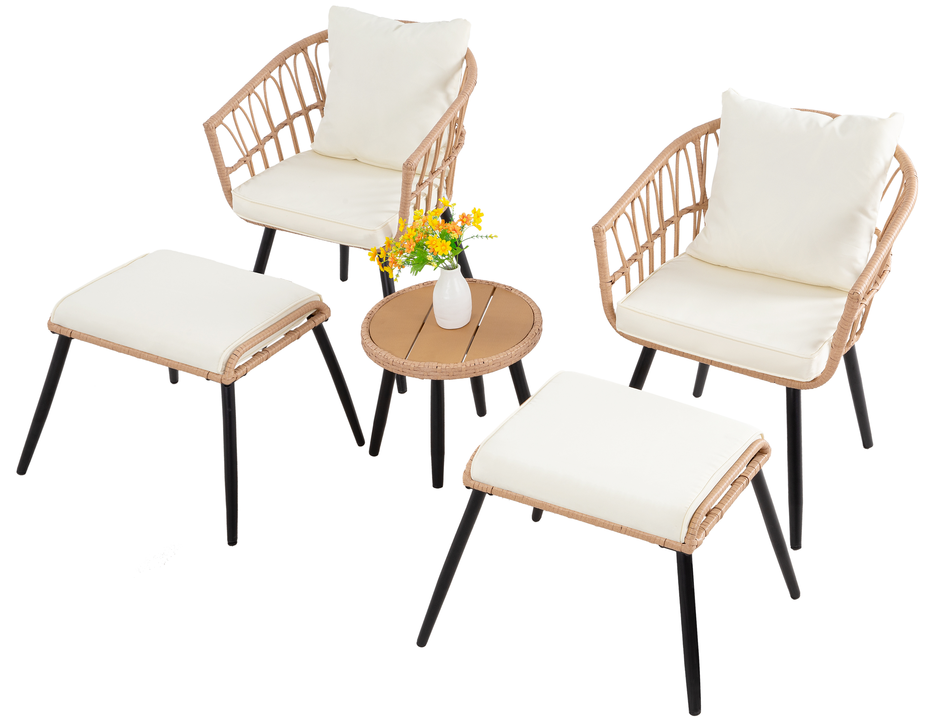 7-Piece PE Rattan Patio Furniture Set – 2 Chairs, 2 Ottomans & Round Coffee Table, Outdoor Bistro Conversation Set with Cushions, Blue/Beige