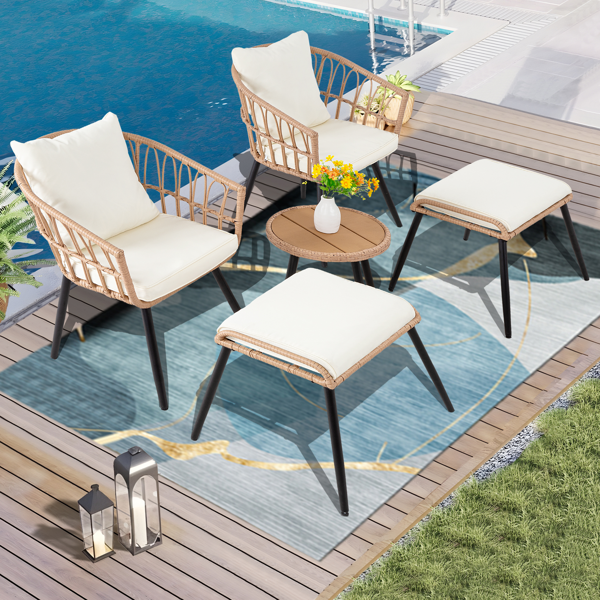 7-Piece PE Rattan Patio Furniture Set – 2 Chairs, 2 Ottomans & Round Coffee Table, Outdoor Bistro Conversation Set with Cushions, Blue/Beige