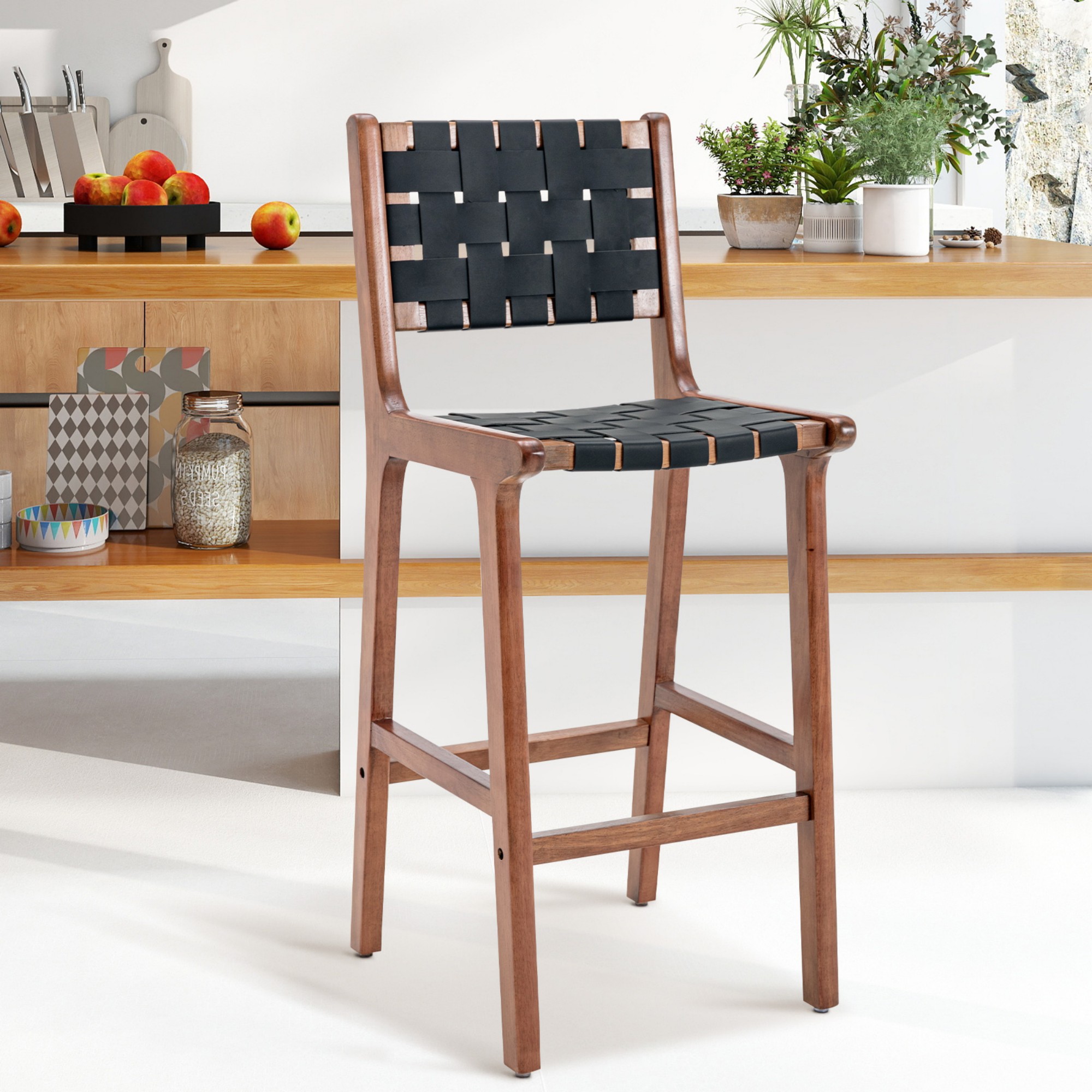 Woven Leather Bar Stool, Counter Height Bar Stools - Black