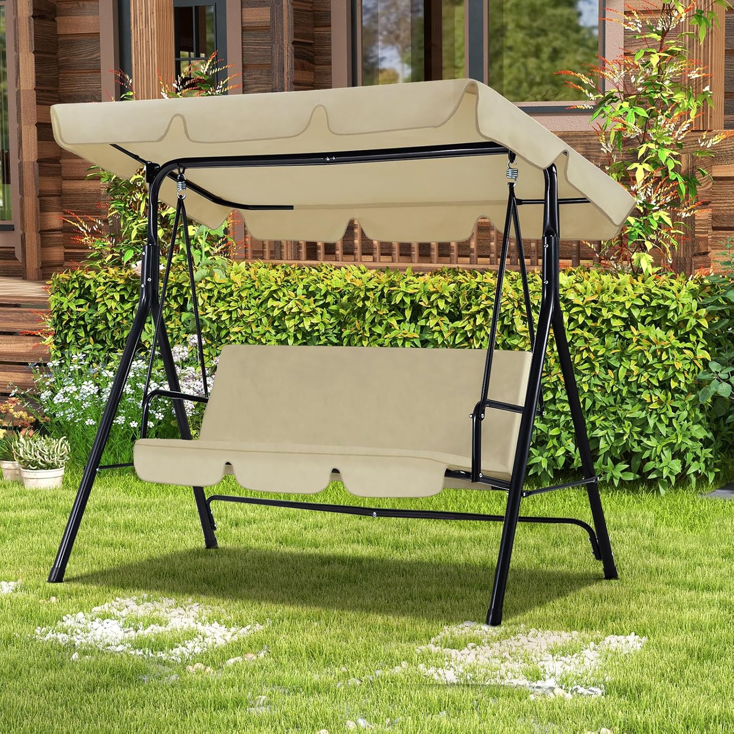 3-Person Steel Frame Outdoor Patio Porch Swing Chair in Beige/Navy Blue/Red/Brown/Dark Gray With Adjustable Canopy