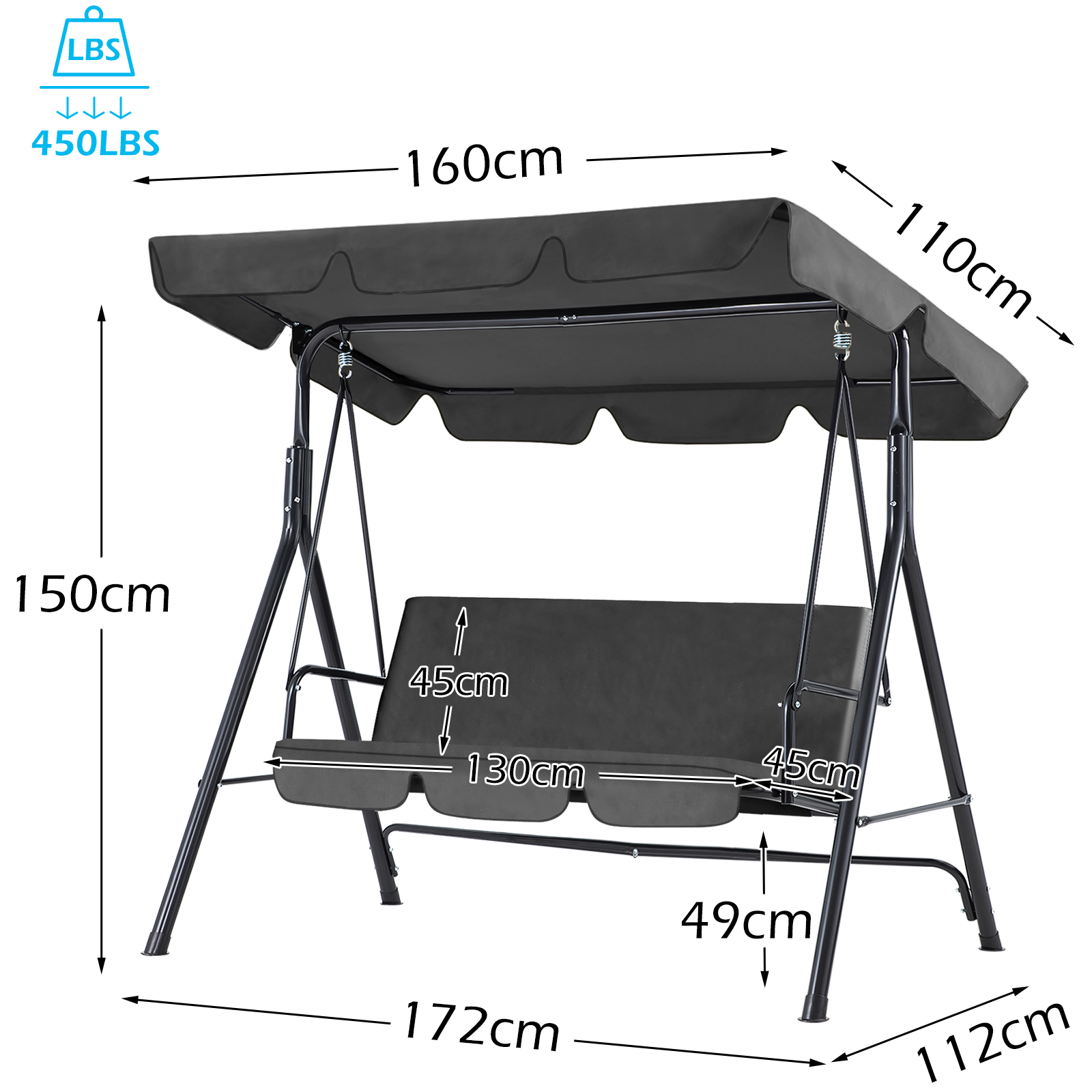 3-Person Steel Frame Outdoor Patio Porch Swing Chair in Beige/Navy Blue/Red/Brown/Dark Gray With Adjustable Canopy