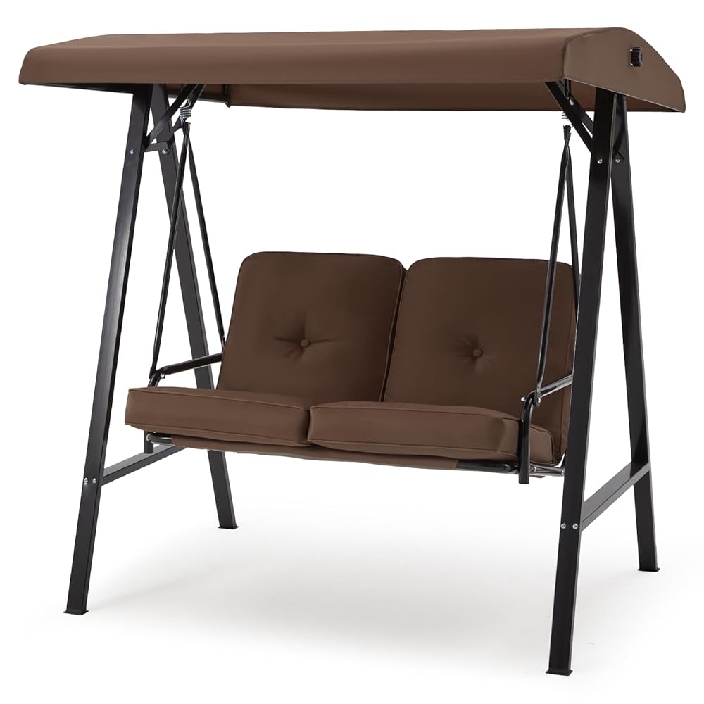2-Person Metal Patio Swing with Canopy and Cushions in Brown/Black/Red