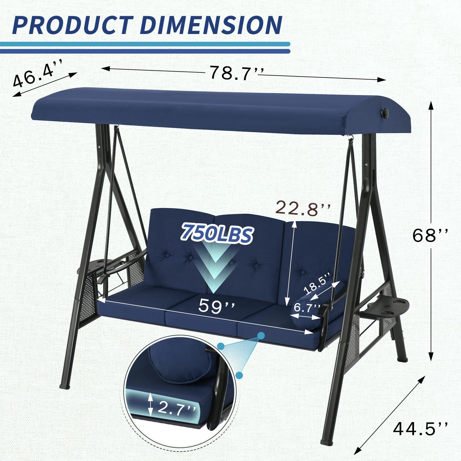 3-Person Metal Outdoor Patio Swing Chair In Navy Blue/Brown/Red/Black With Canopy And Cushions