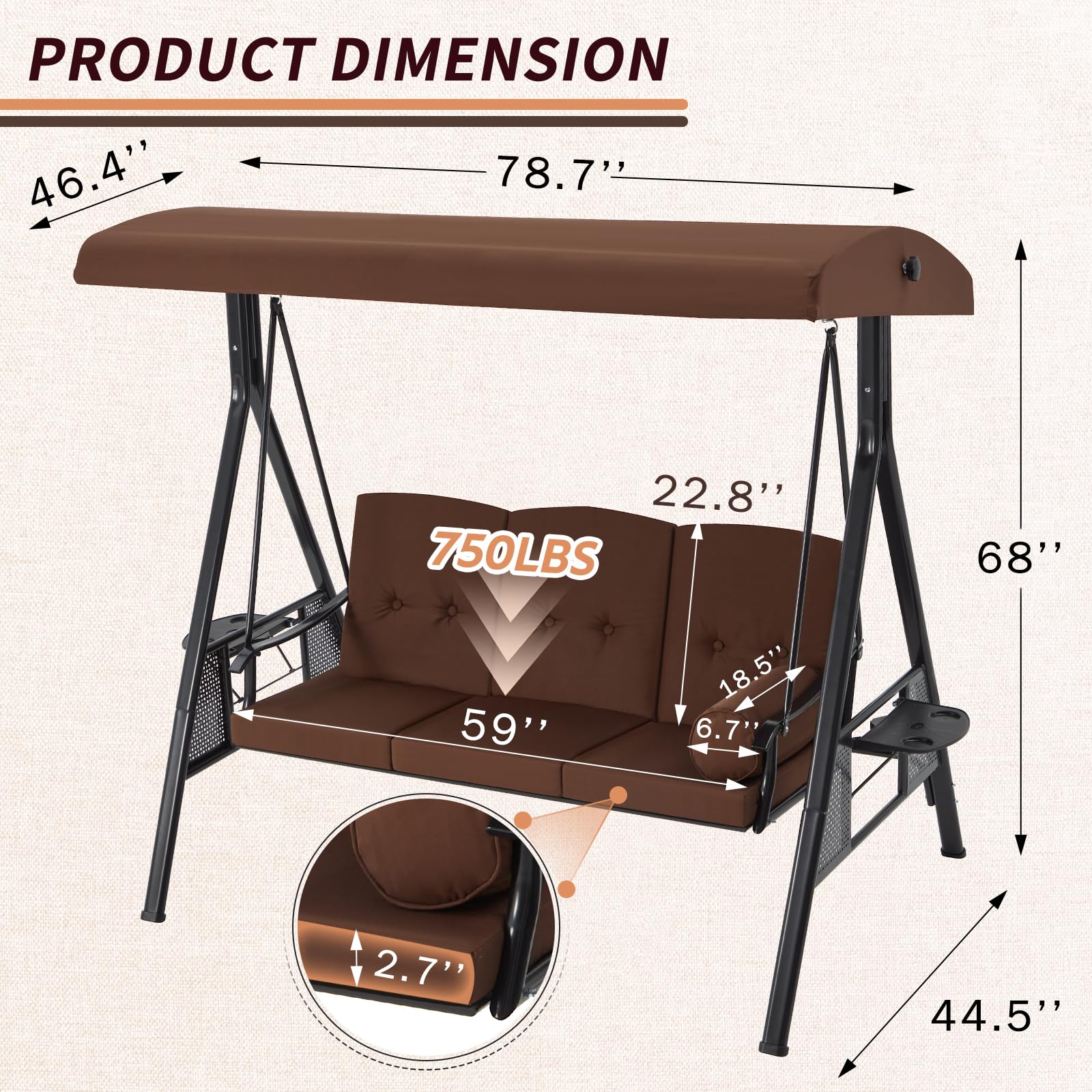 3-Person Metal Outdoor Patio Swing Chair In Navy Blue/Brown/Red/Black With Canopy And Cushions