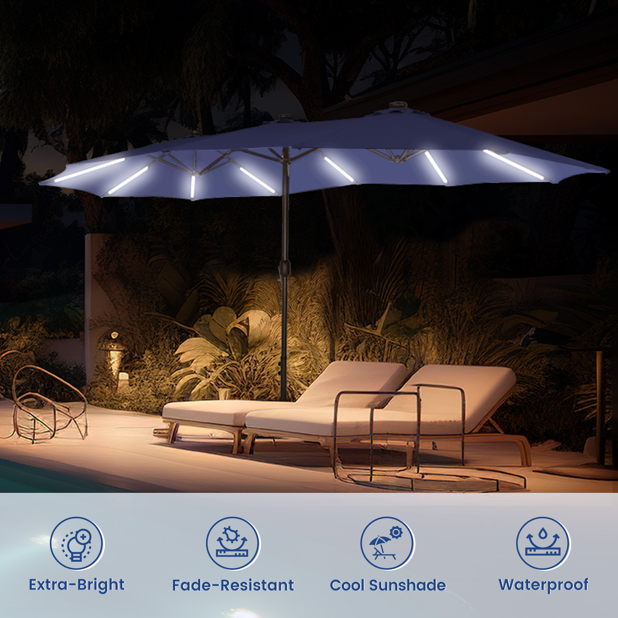 15ft Double-Sided Outdoor Umbrella with Solar String Lights & Base