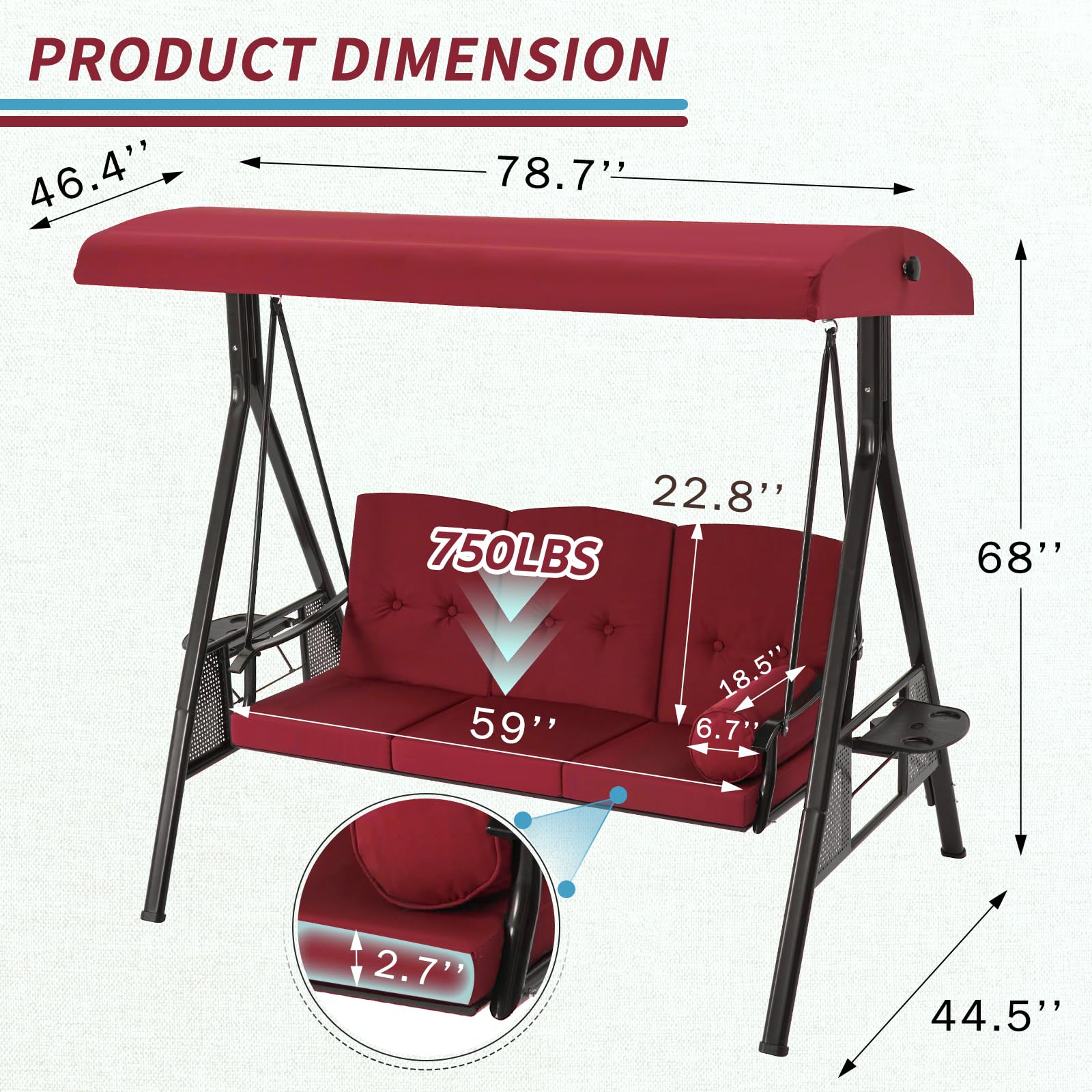 3-Person Metal Outdoor Patio Swing Chair In Navy Blue/Brown/Red/Black With Canopy And Cushions