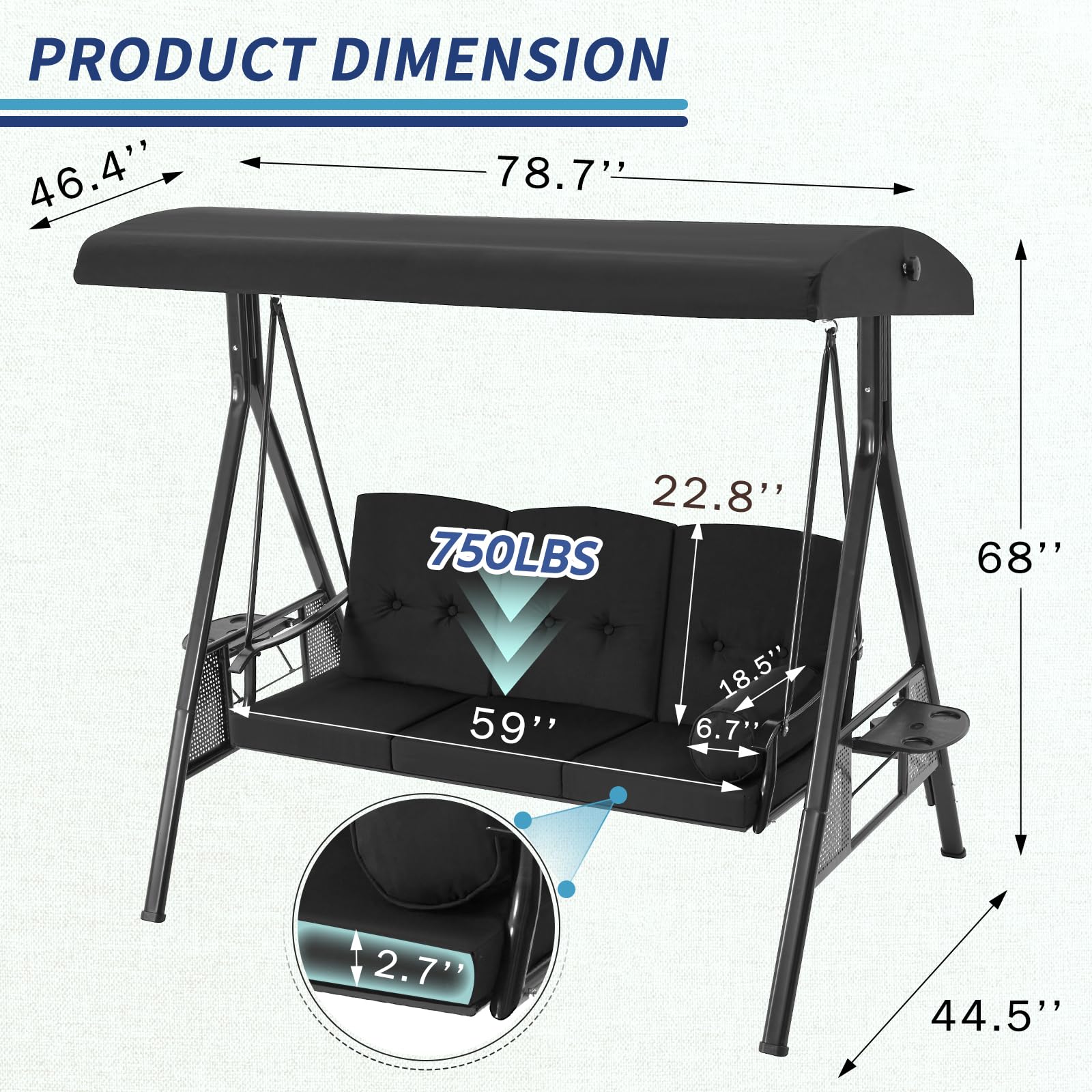 3-Person Metal Outdoor Patio Swing Chair In Navy Blue/Brown/Red/Black With Canopy And Cushions