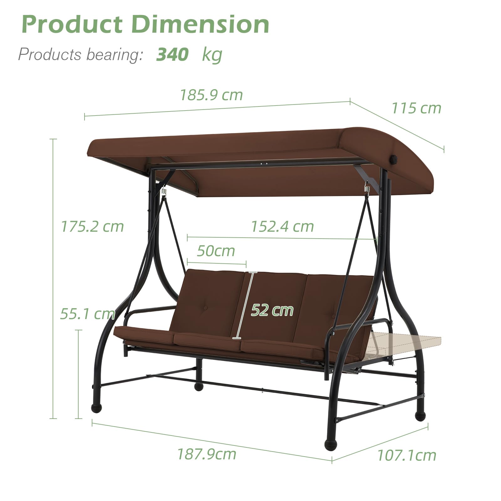 3-Seat Heavy-Duty Metal Patio Swing With Plush Black/Brown/Navy Blue/Red Cushions – Perfect For Relaxing Outdoors