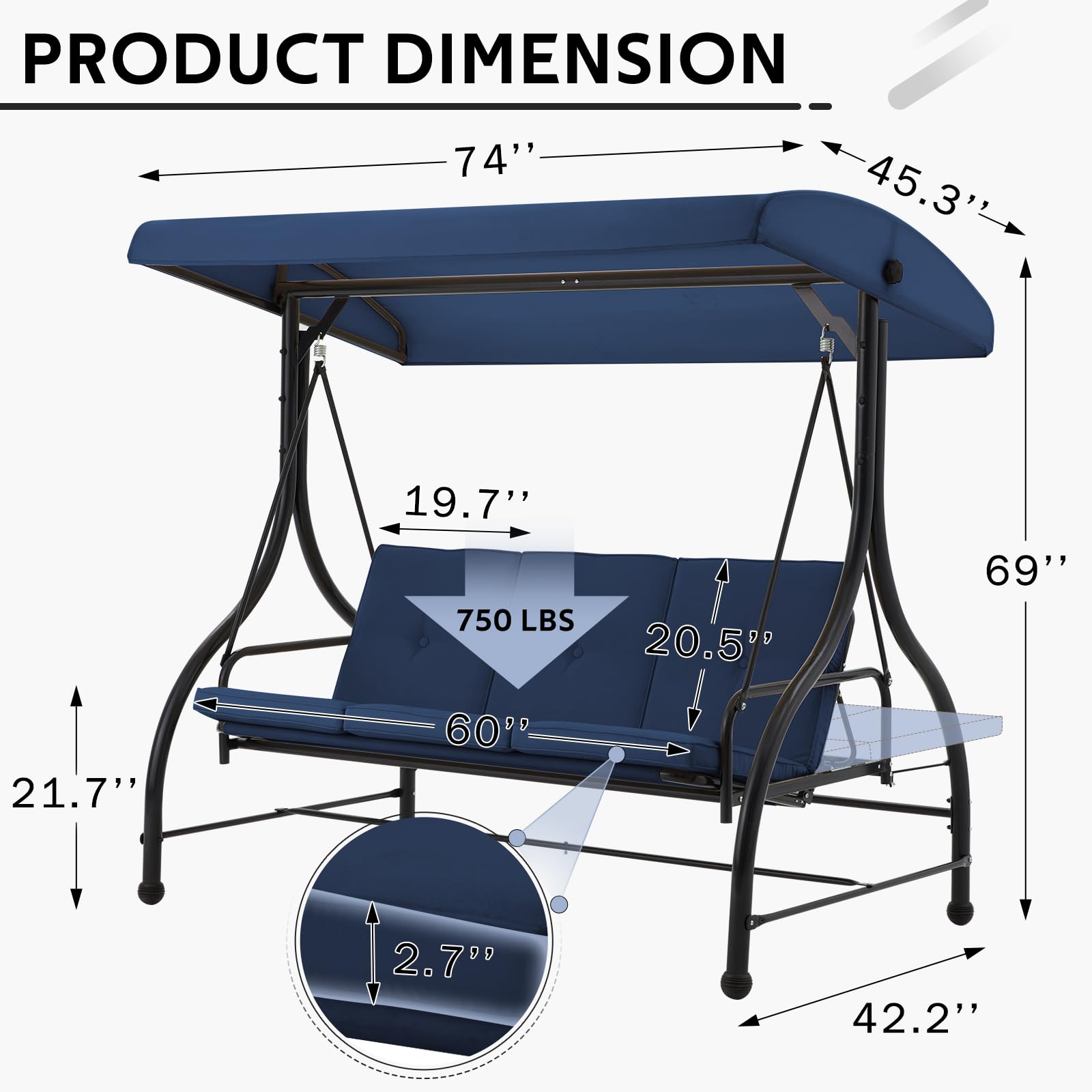 3-Seat Heavy-Duty Metal Patio Swing With Plush Black/Brown/Navy Blue/Red Cushions – Perfect For Relaxing Outdoors