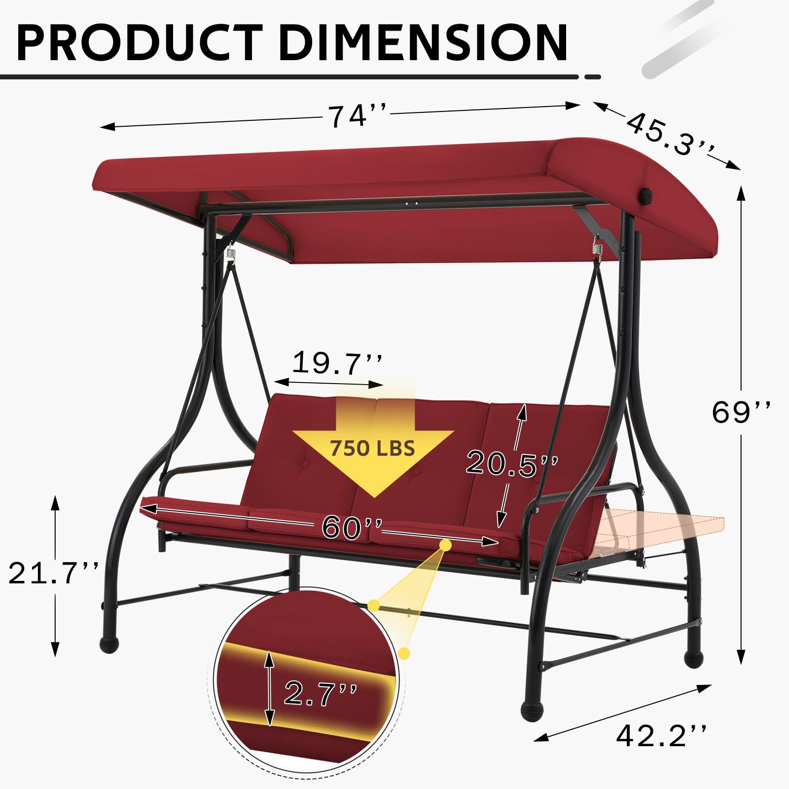 3-Seat Heavy-Duty Metal Patio Swing With Plush Black/Brown/Navy Blue/Red Cushions – Perfect For Relaxing Outdoors
