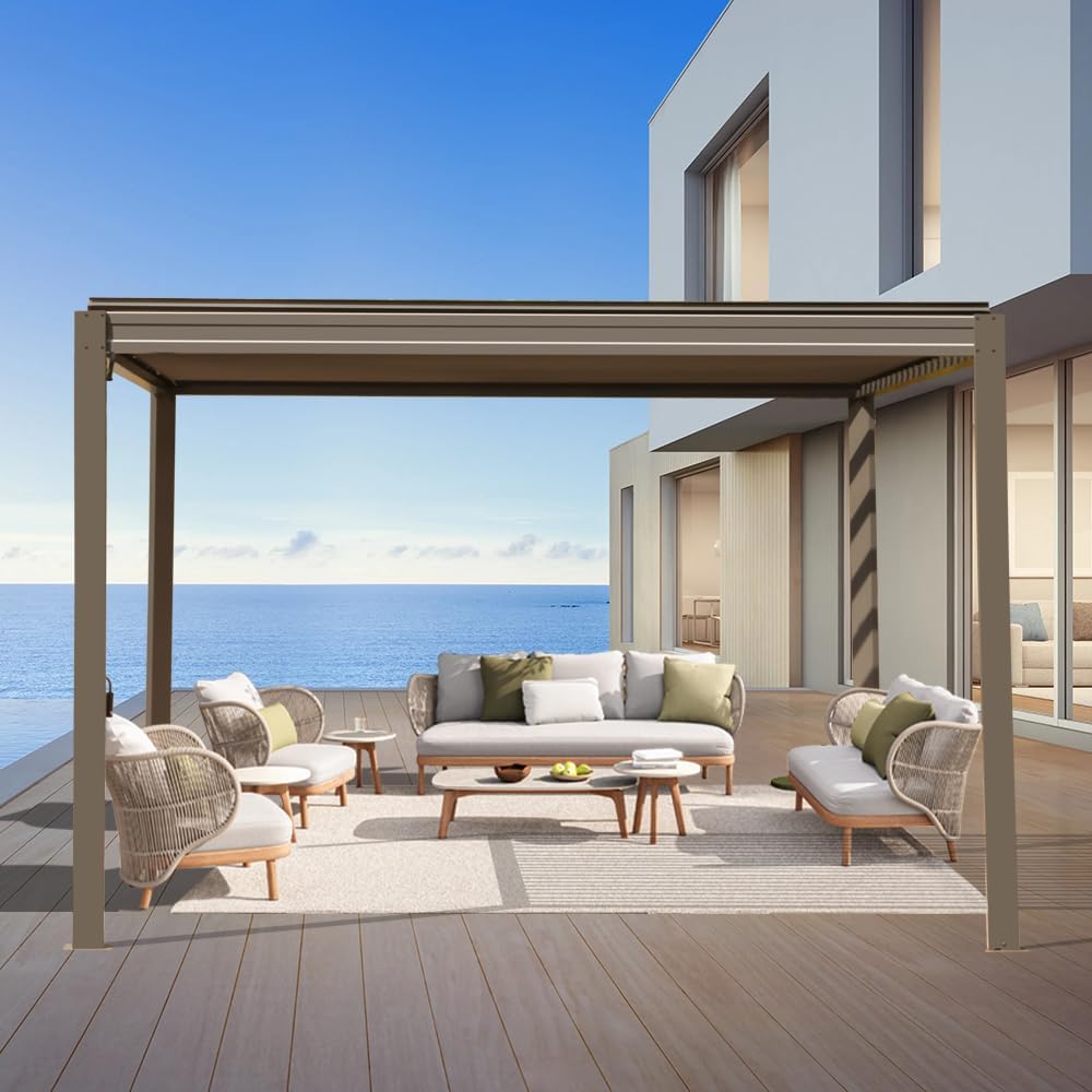 Louvered Pergola 10X10FT, Wood Grain Aluminum Pergola with Adjustable Roof, Wood Looking Aluminum Frame, Efficient Drainage System, Outdoor Pergola for Patio, Deck, Garden