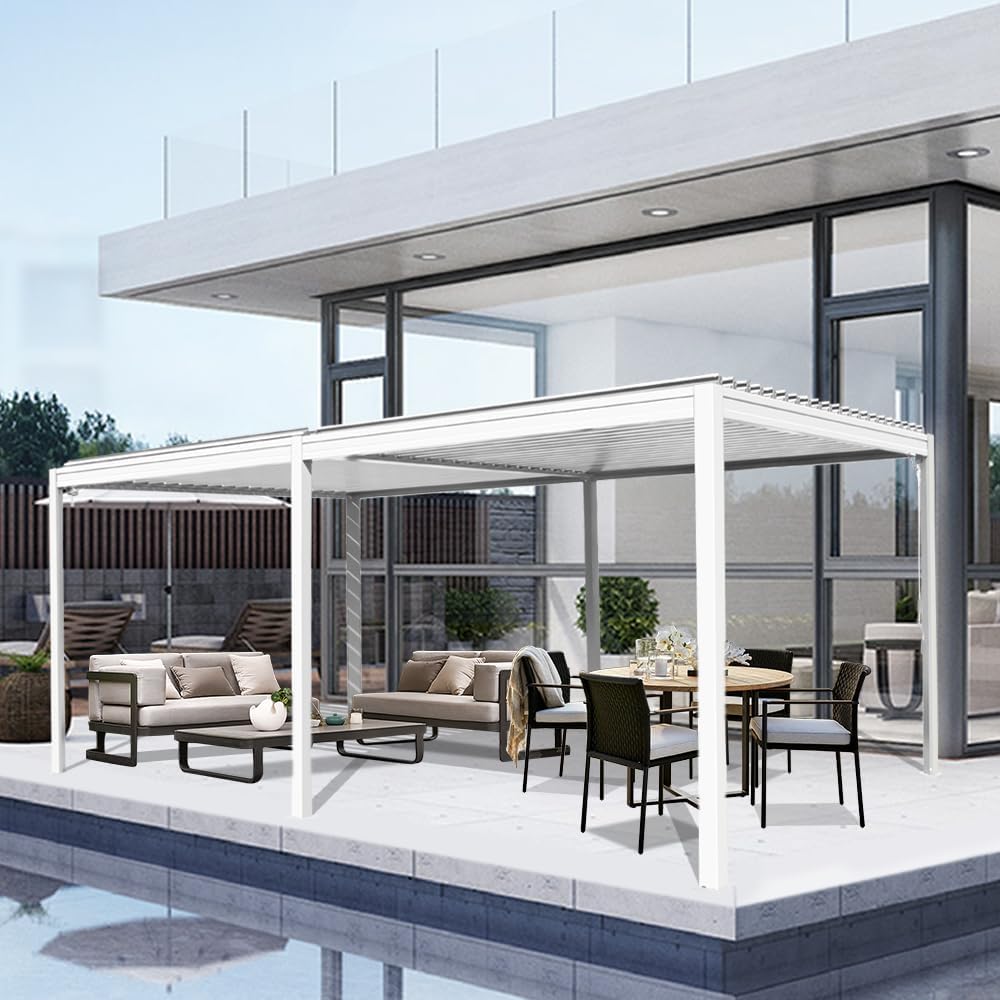 Louvered Pergola 10X20FT, Wood Grain Aluminum Pergola with Adjustable Roof, Wood Looking Aluminum Frame, Efficient Drainage System, Outdoor Pergola for Patio, Deck, Garden