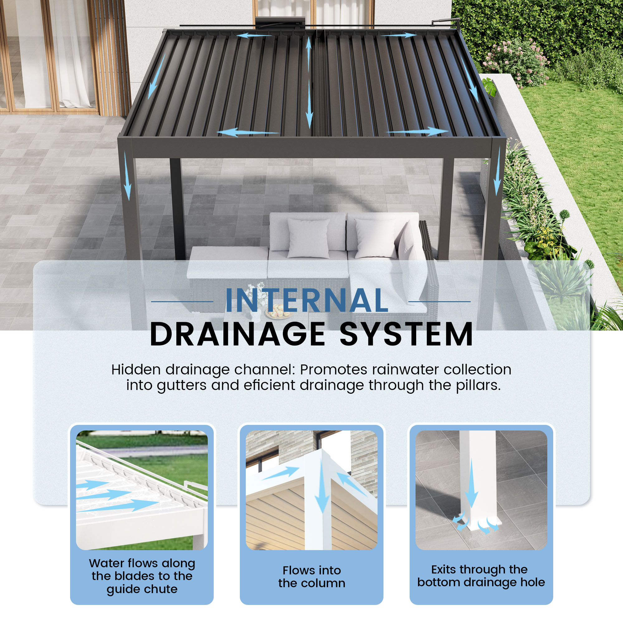 Aluminum Outdoor Pergola Gazebo with Adjustable Louvered Roof and Solar-Powered LED Lights – Modern Weather-Resistant Patio Shade Structure