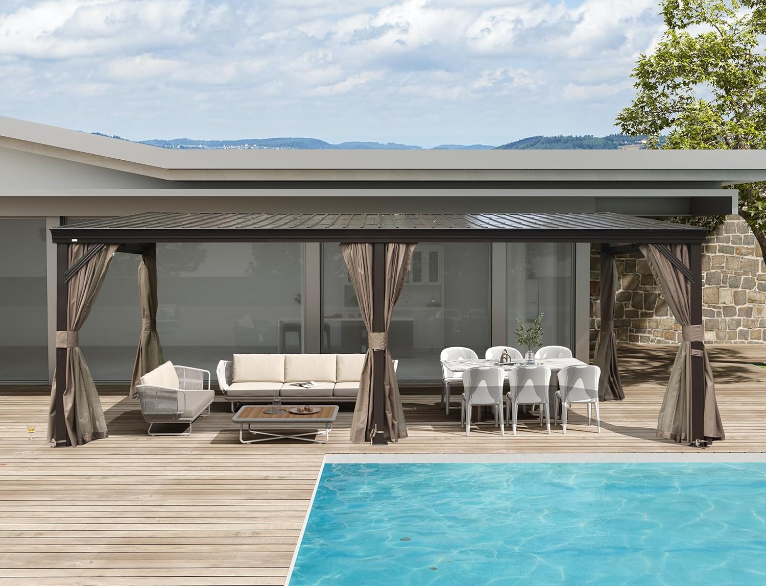 Hardtop Wall Mounted Gazebo with Sloping Galvanized Steel Roof, Aluminum Frame, Drainage System, Curtains and Netting, for Patio, Deck, Garden, Backyard