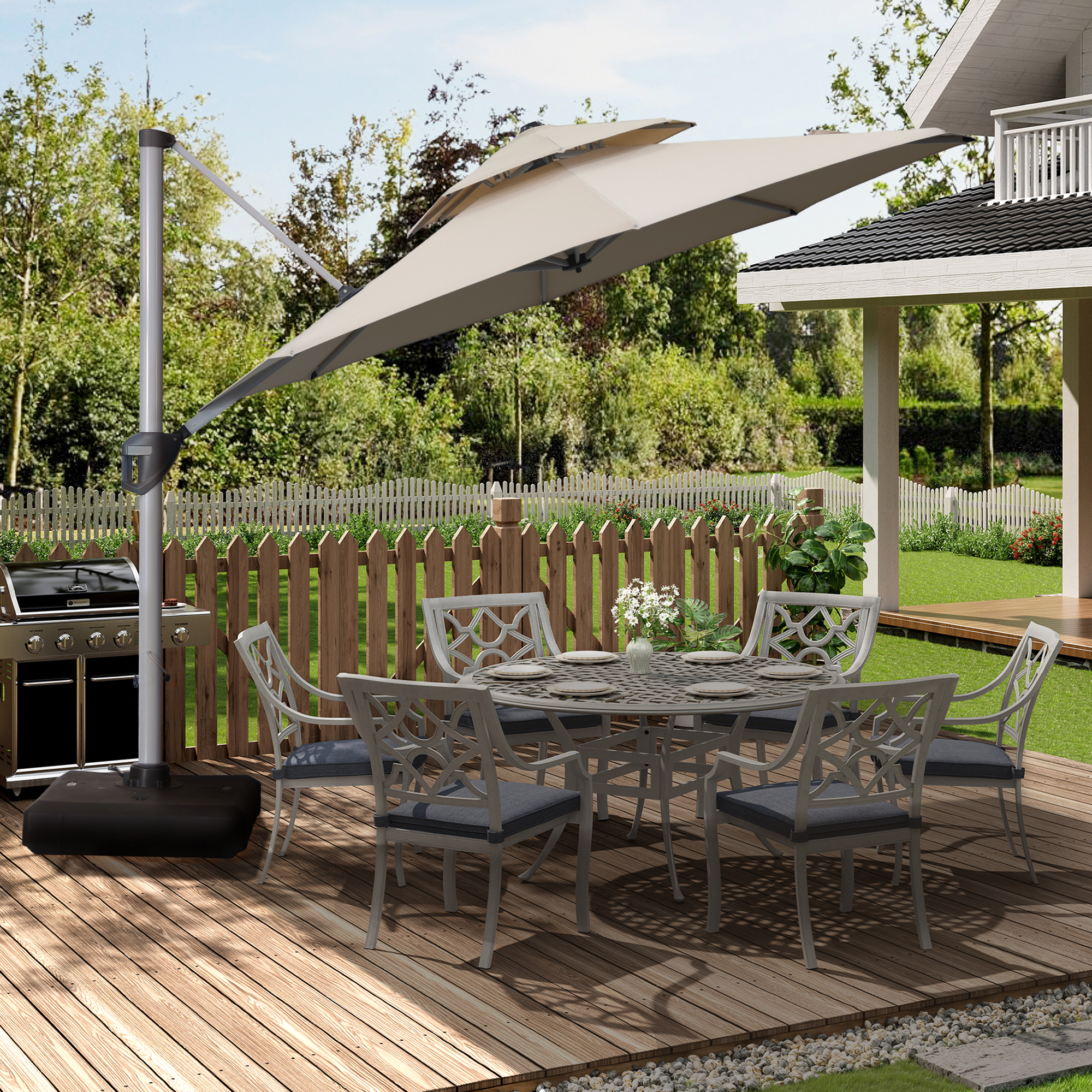 10/11ft Square Cantilever Patio Umbrella with 5 Adjustable Angles, Outdoor Sunshade with Base for Deck, Garden, or Pool