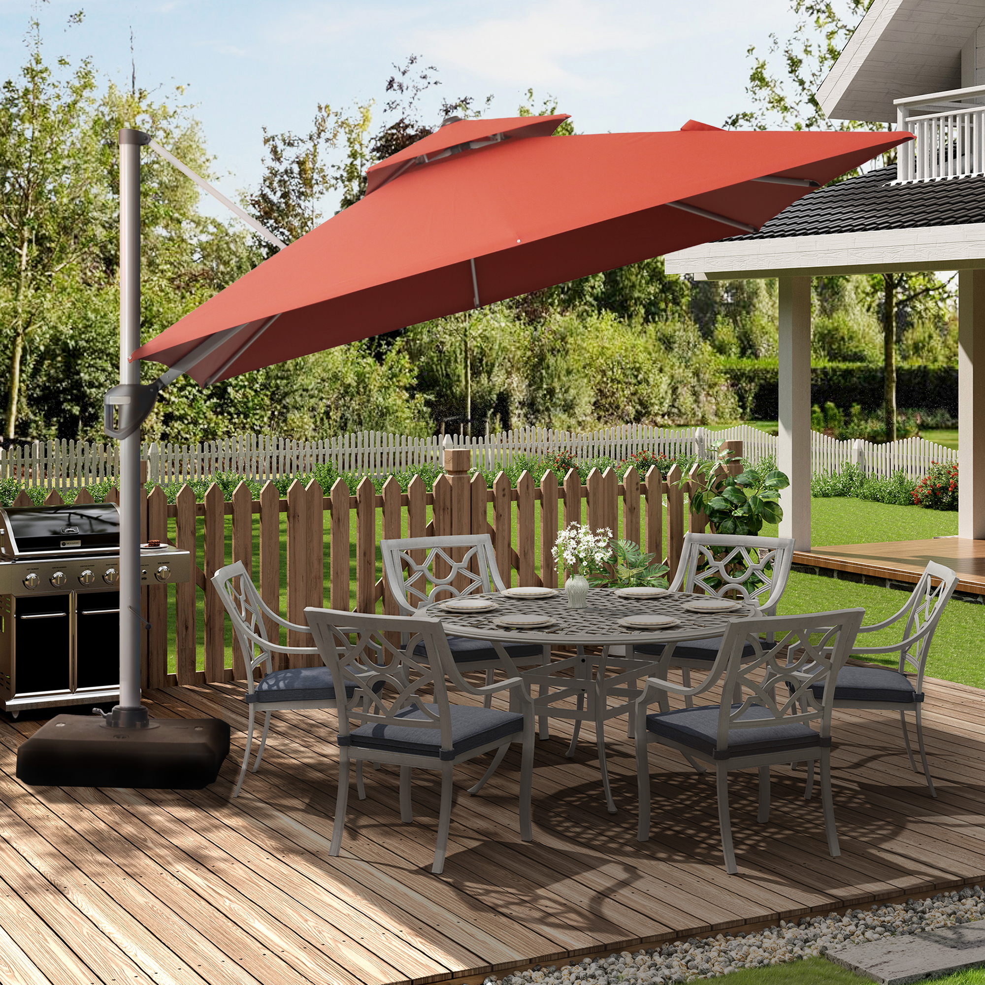 10/11ft Square Cantilever Patio Umbrella with 5 Adjustable Angles, Outdoor Sunshade with Base for Deck, Garden, or Pool