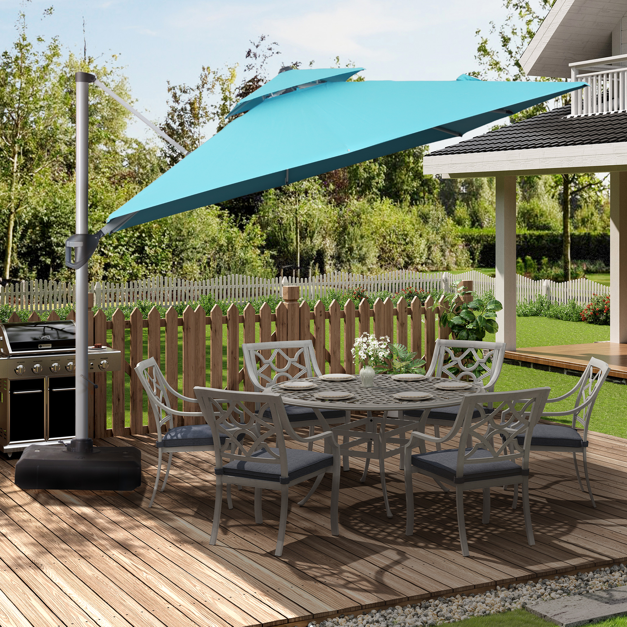 10/11ft Square Cantilever Patio Umbrella with 5 Adjustable Angles, Outdoor Sunshade with Base for Deck, Garden, or Pool
