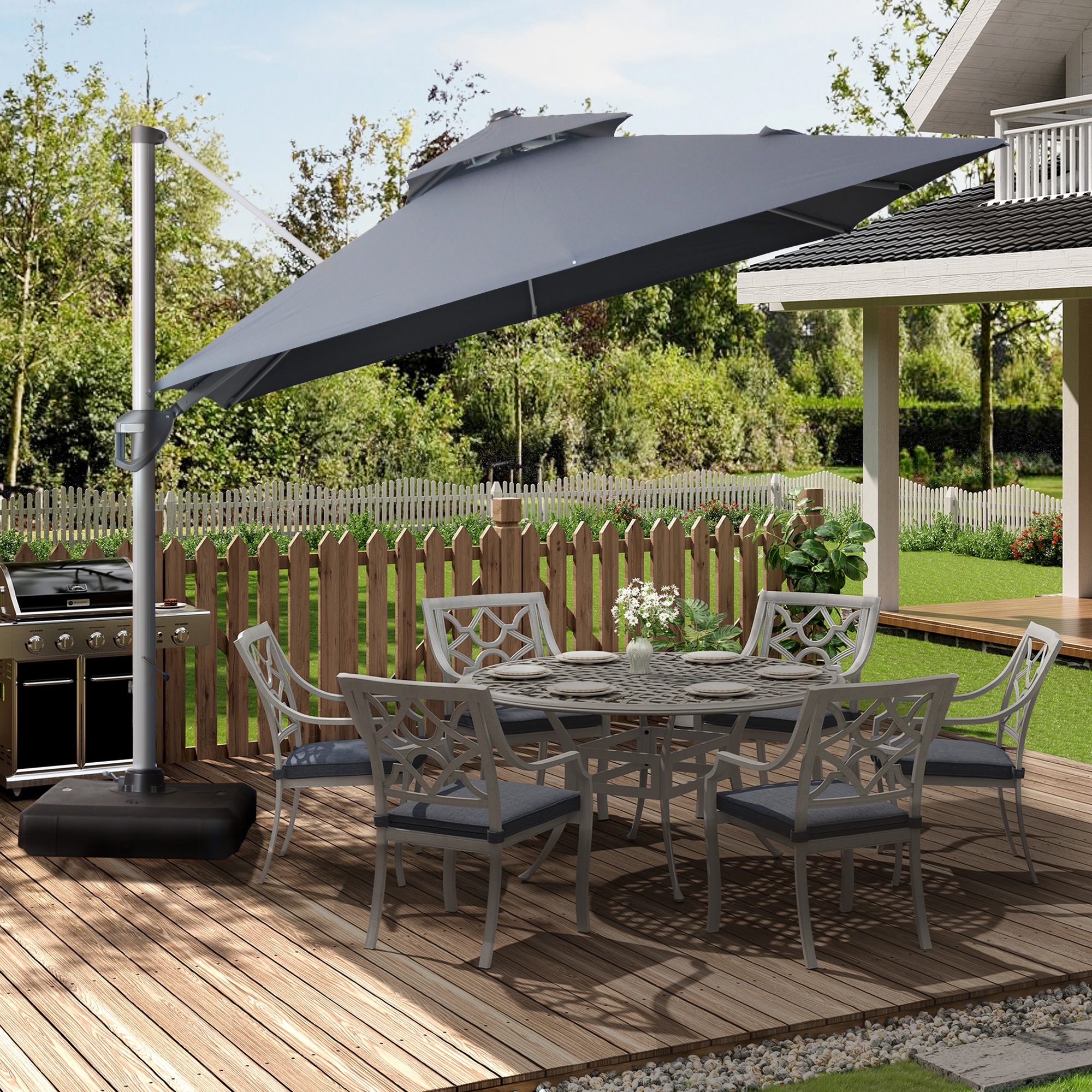 10/11ft Square Cantilever Patio Umbrella with 5 Adjustable Angles, Outdoor Sunshade with Base for Deck, Garden, or Pool