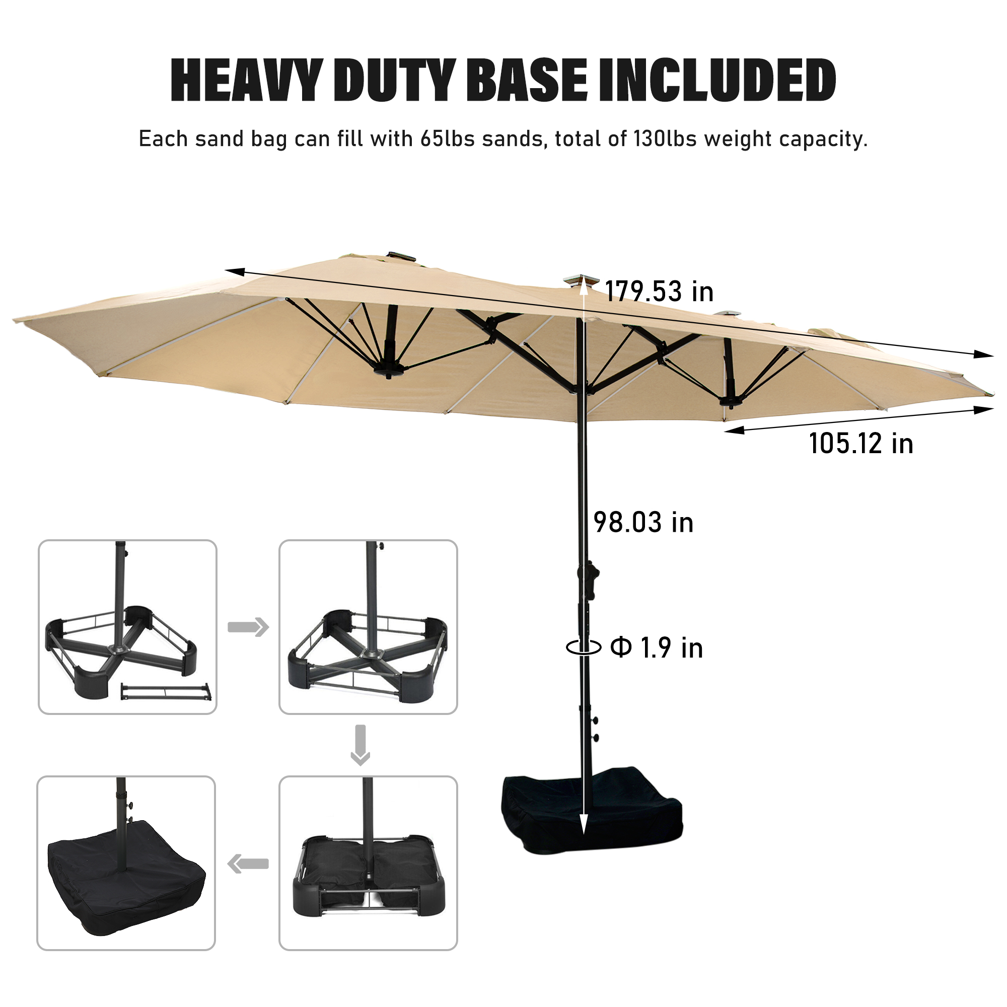15ft Rectangular Dual-Sided Patio Fiberglass Ribs Umbrella with LED Lights