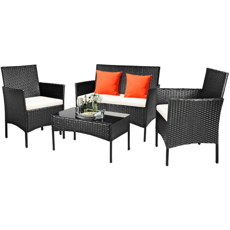 Mondawe 4 Pcs Patio Rattan Cushioned Sofa Furniture Set with Tempered Glass Coffee Table-White/Red/Turquoise-Mondawe
