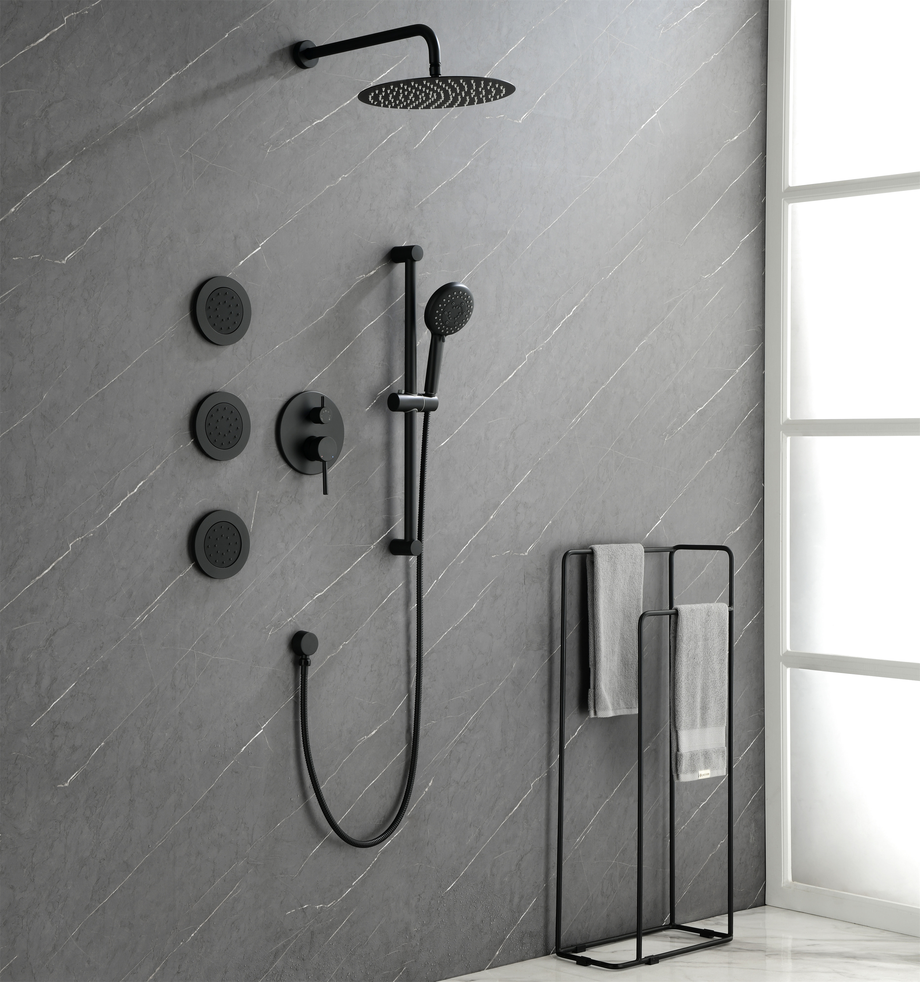 3-Spray Square High Pressure Deluxe Wall Bar Shower Kit with Slide Bar and 3-Body Spray in Brushed Nickel/Matte Black-Mondawe