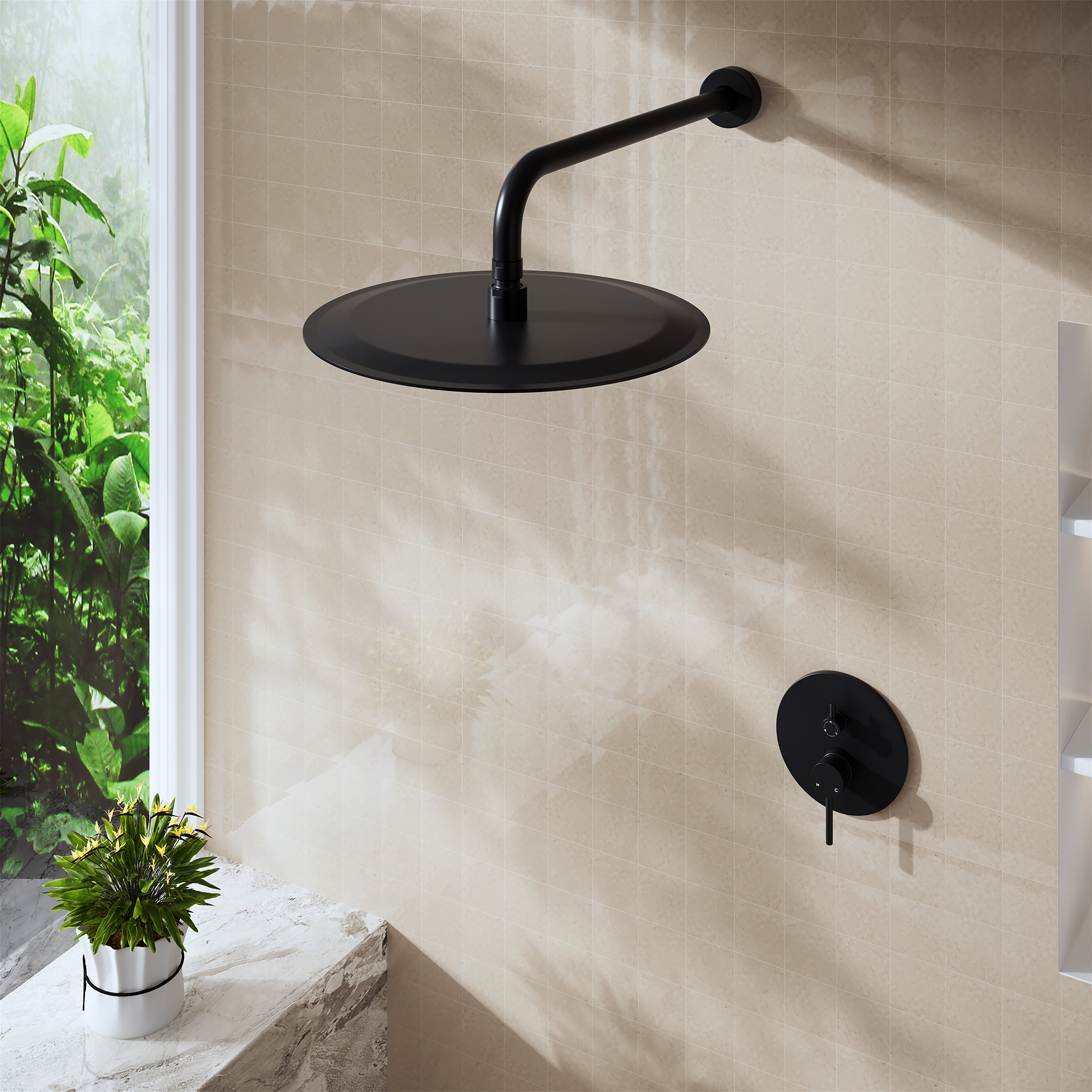 15.75" Stainless Steel Wall Mounted Round Shower Arm with Flange for Rain Shower Head in Matte Black/Brushed Nickel