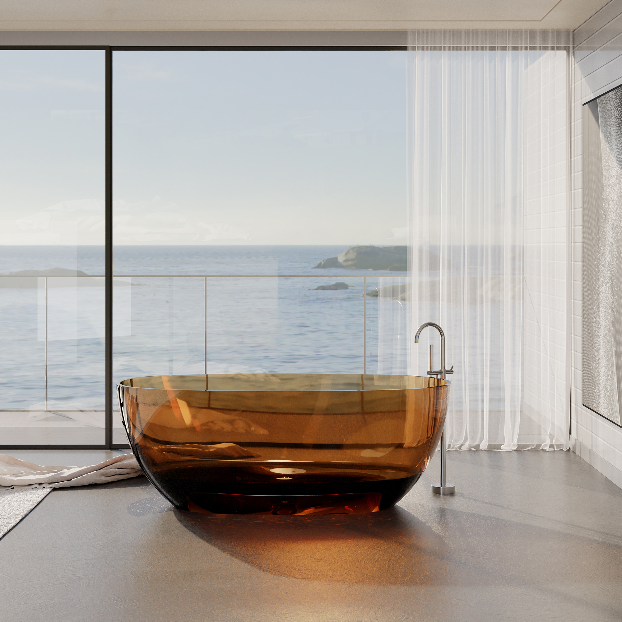 59" Soaking Tub Transparent Resin Freestanding Bathtub Modern Oval Design Stand Alone Tub with Overflow and Pop-up Drain